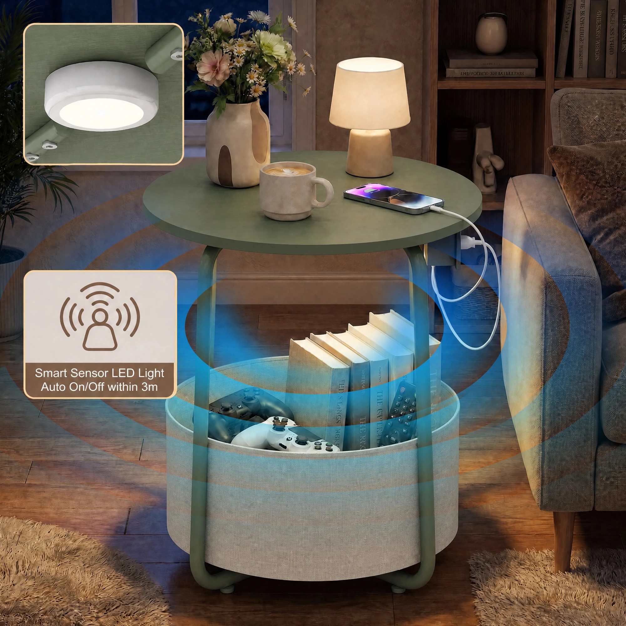 5 Advwin Small Round Side Table with Charging Station Nightstand with Fabric Basket - Green, 5 of 8