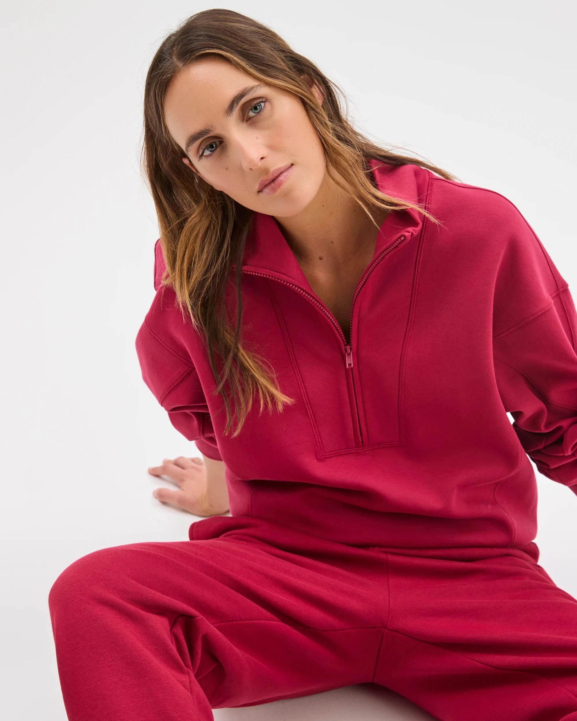 1 Target Active Australian Cotton Blend Cocoon 1/4 Zip Fleece Jumper DARK RED, 1 of 7
