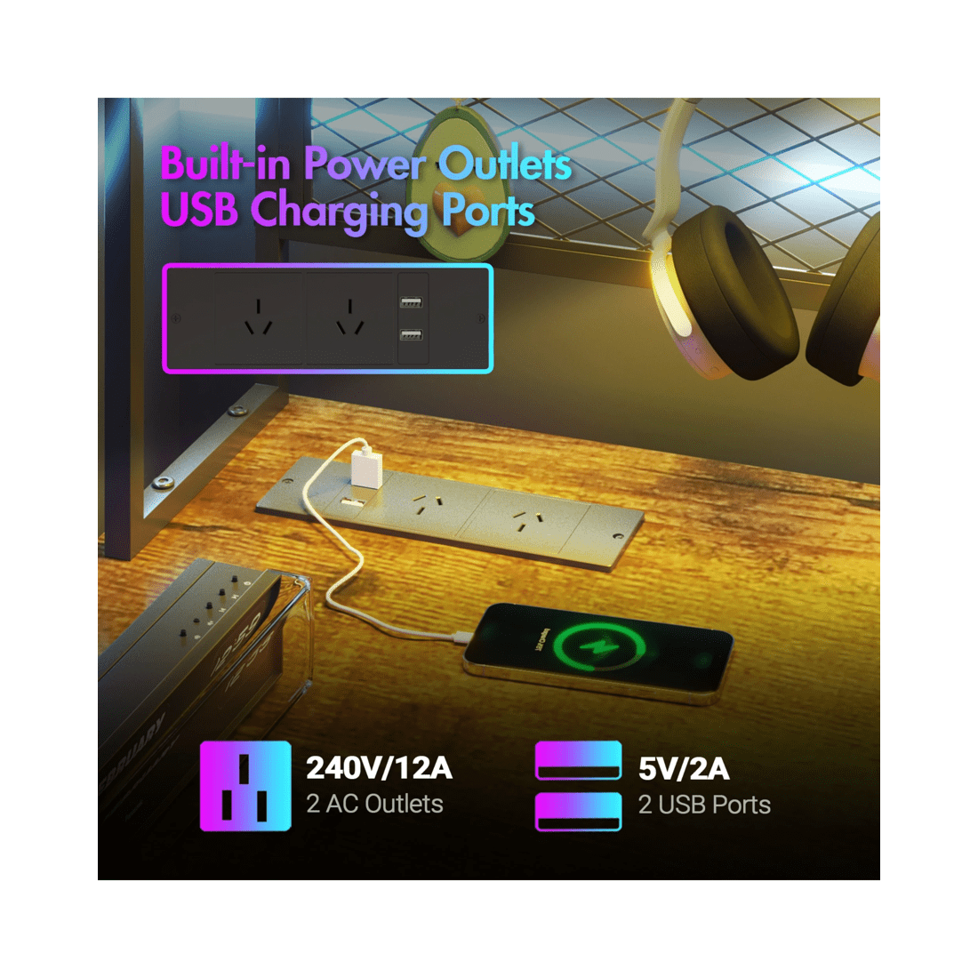 6 Advwin 170cm L Shaped Gaming Desk With Led Lights & Power Outlets Reversible Storage Shelf Computer Corner Desk Walnut, 6 of 10