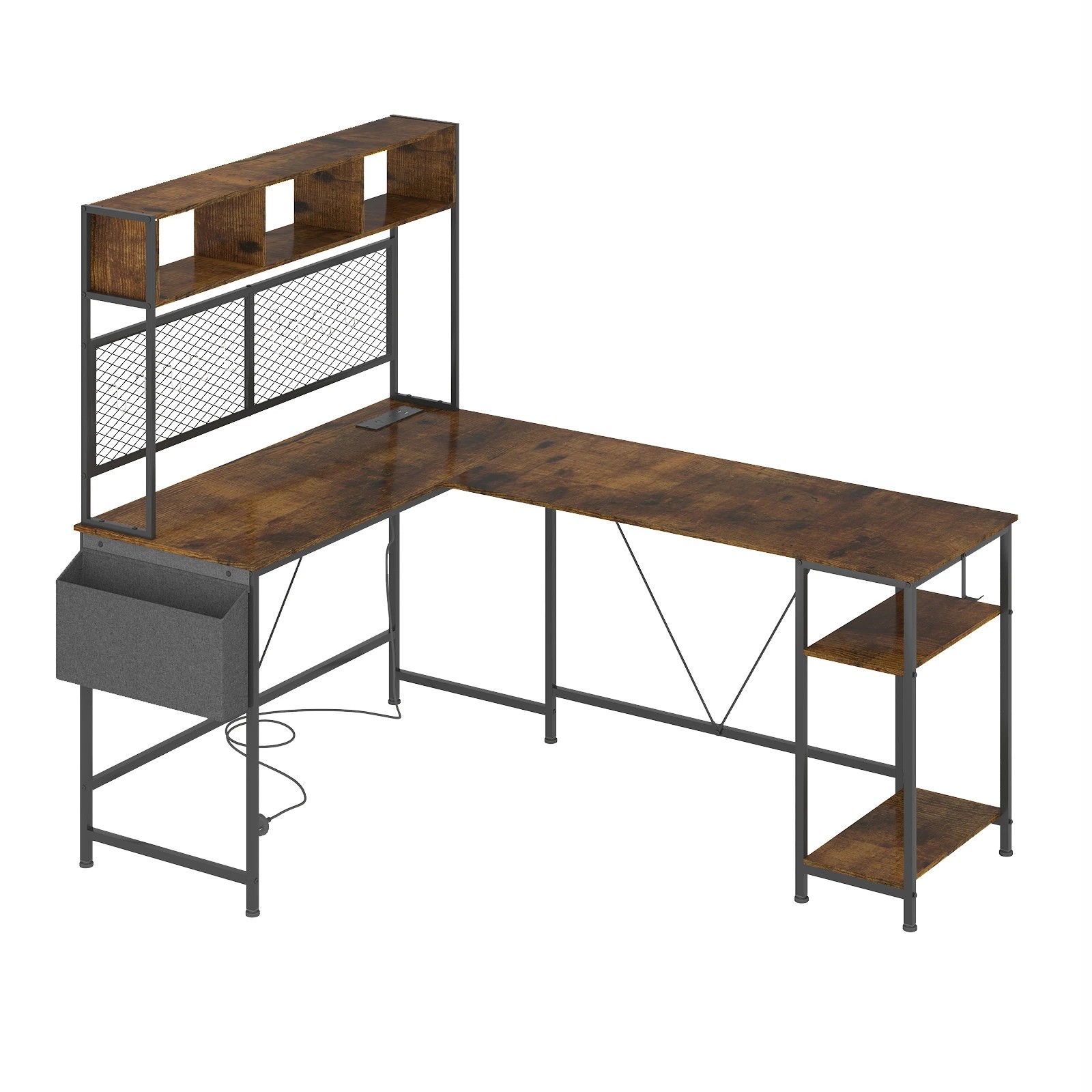 6 Advwin 170cm L Shaped Gaming Desk With Led Lights & Power Outlets Reversible Storage Shelf Computer Corner Desk Walnut, 6 of 10