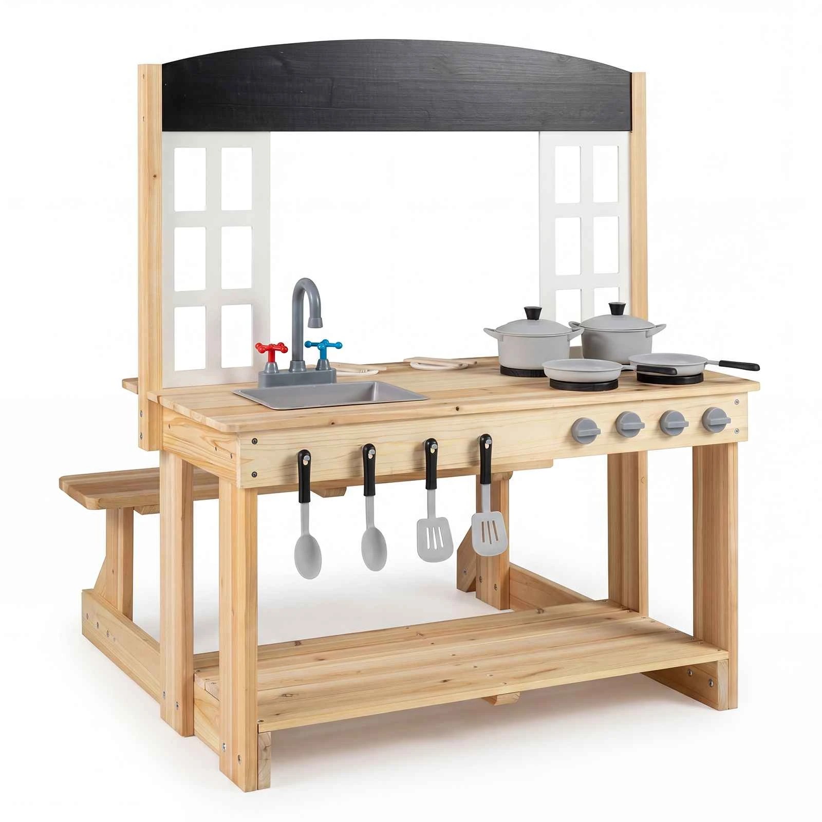 1 Costway Outdoor Mud Kitchen w/Bench Wood Pretend Play Kitchen Playset Stoves, 1 of 2
