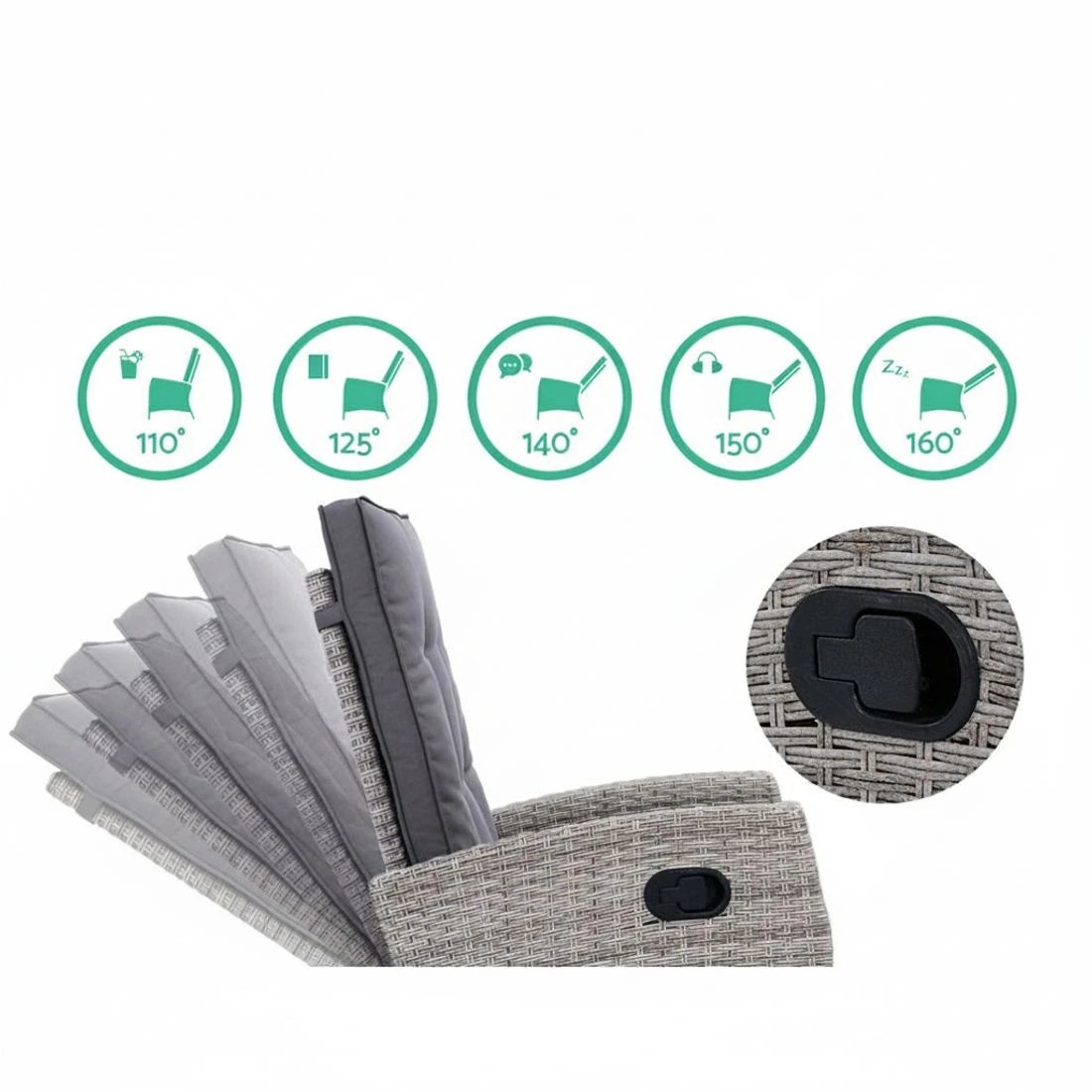 3 Gardeon 3PC Recliner Chairs Table Sun lounge Wicker Outdoor Furniture Adjustable - Grey, 3 of 6