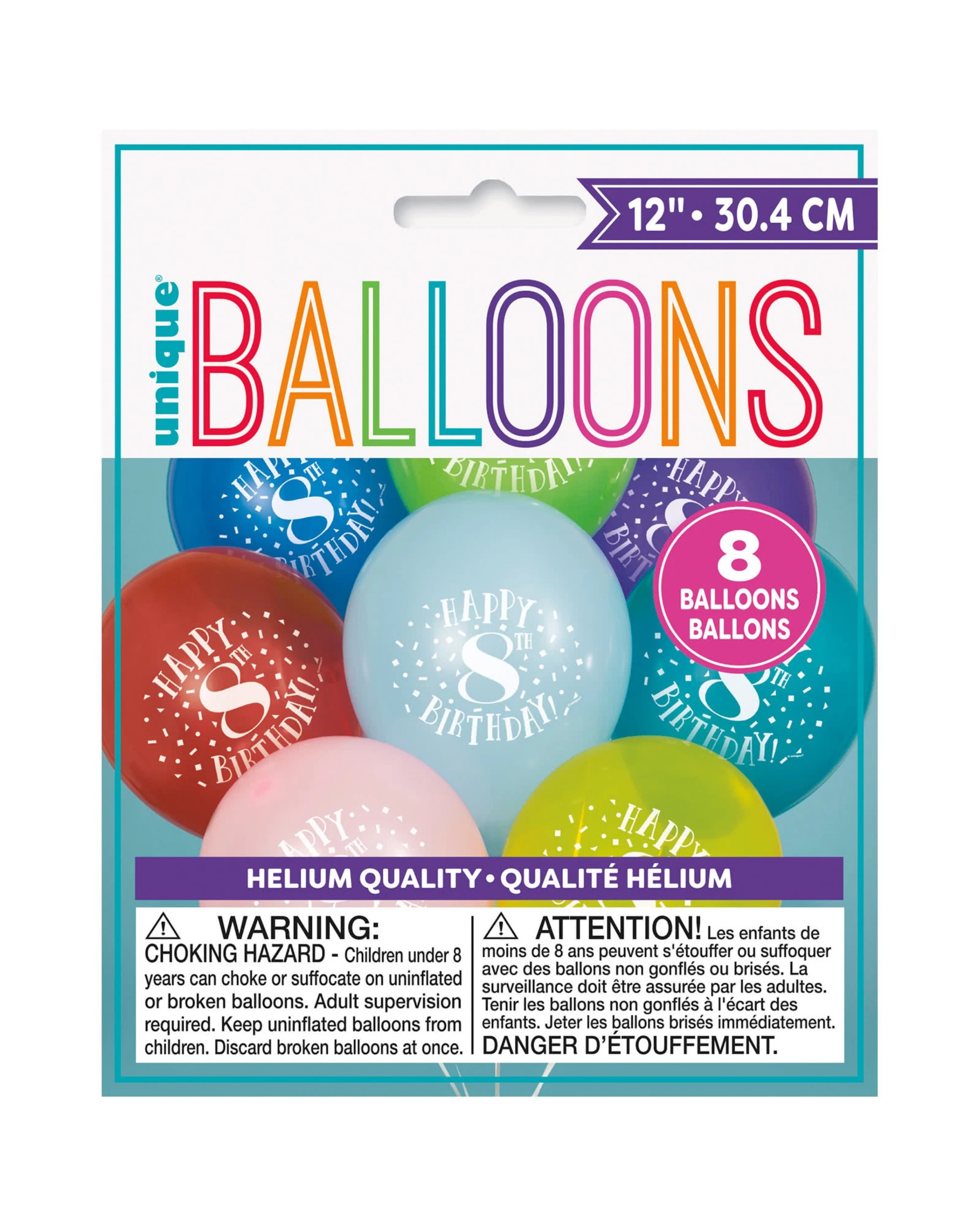 2 Unique 8th Birthday Coloured Balloons 30cm Round Pack of 8 - Multi, 2 of 2