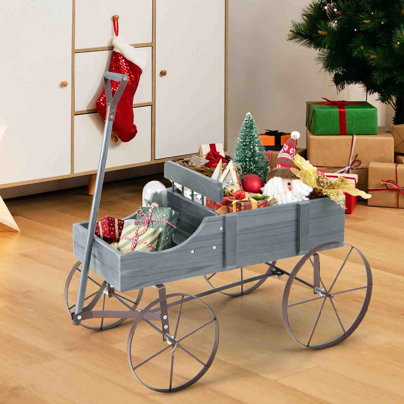 1 Costway Wooden Flower Cart Garden Bed Wagon Planter Metal Frame Plant Stand w/Wheels, 1 of 1