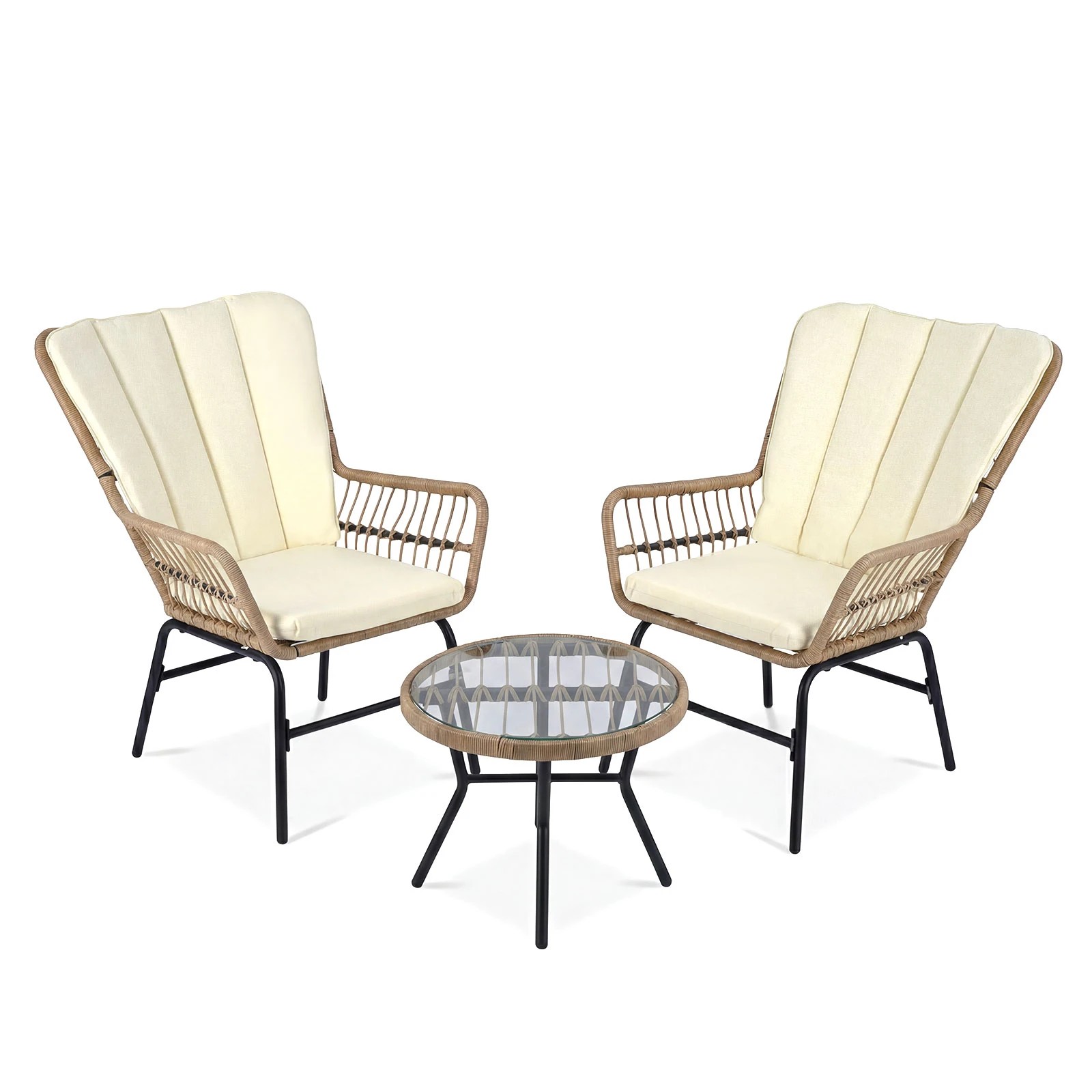1 Costway 3 PCS Outdoor PE Wicker Conversation Set Cushioned Chairs Glass Coffee Table, 1 of 1