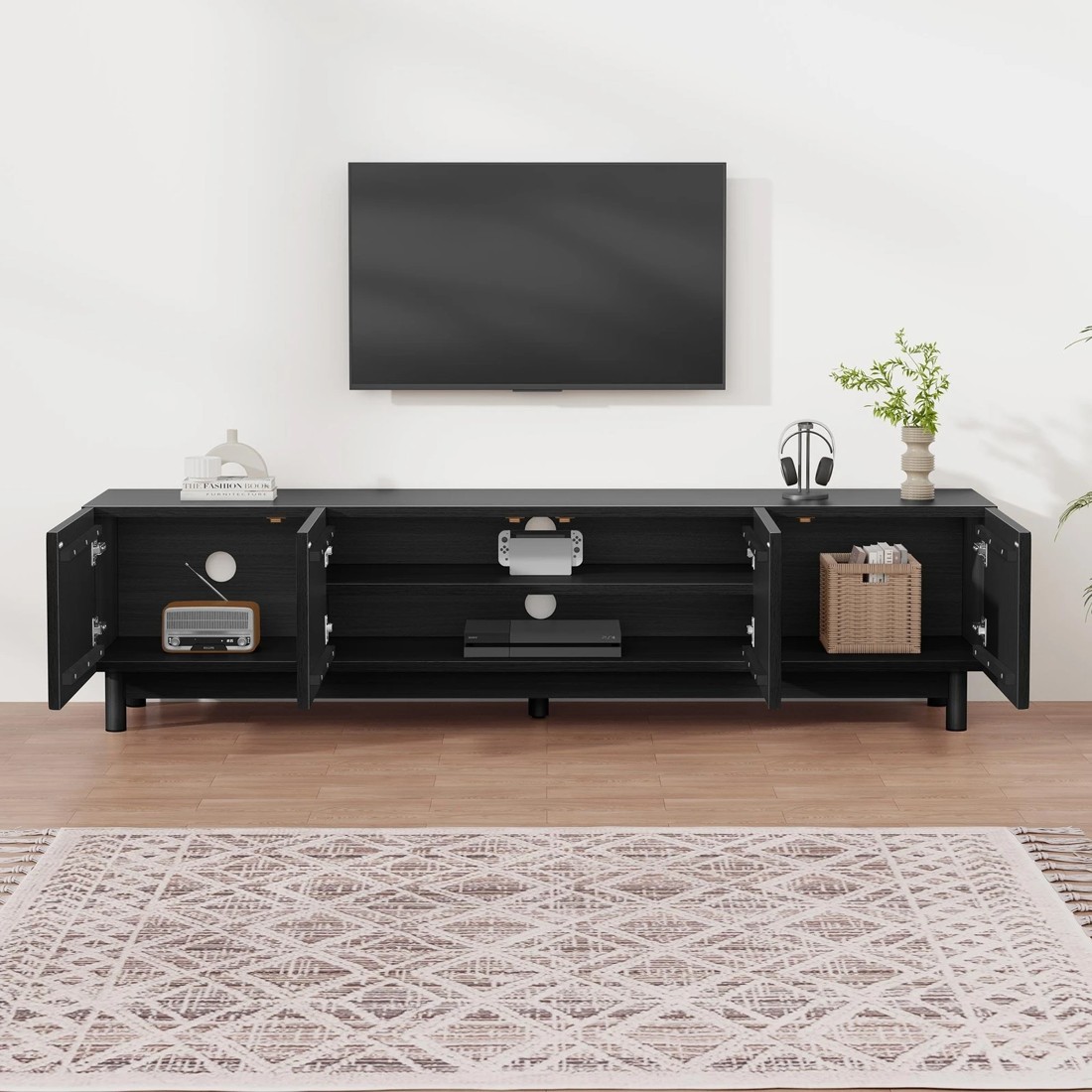 2 Alfordson Entertainment Unit TV Cabinet Stand 180cm Storage Shelves - Black, 2 of 10