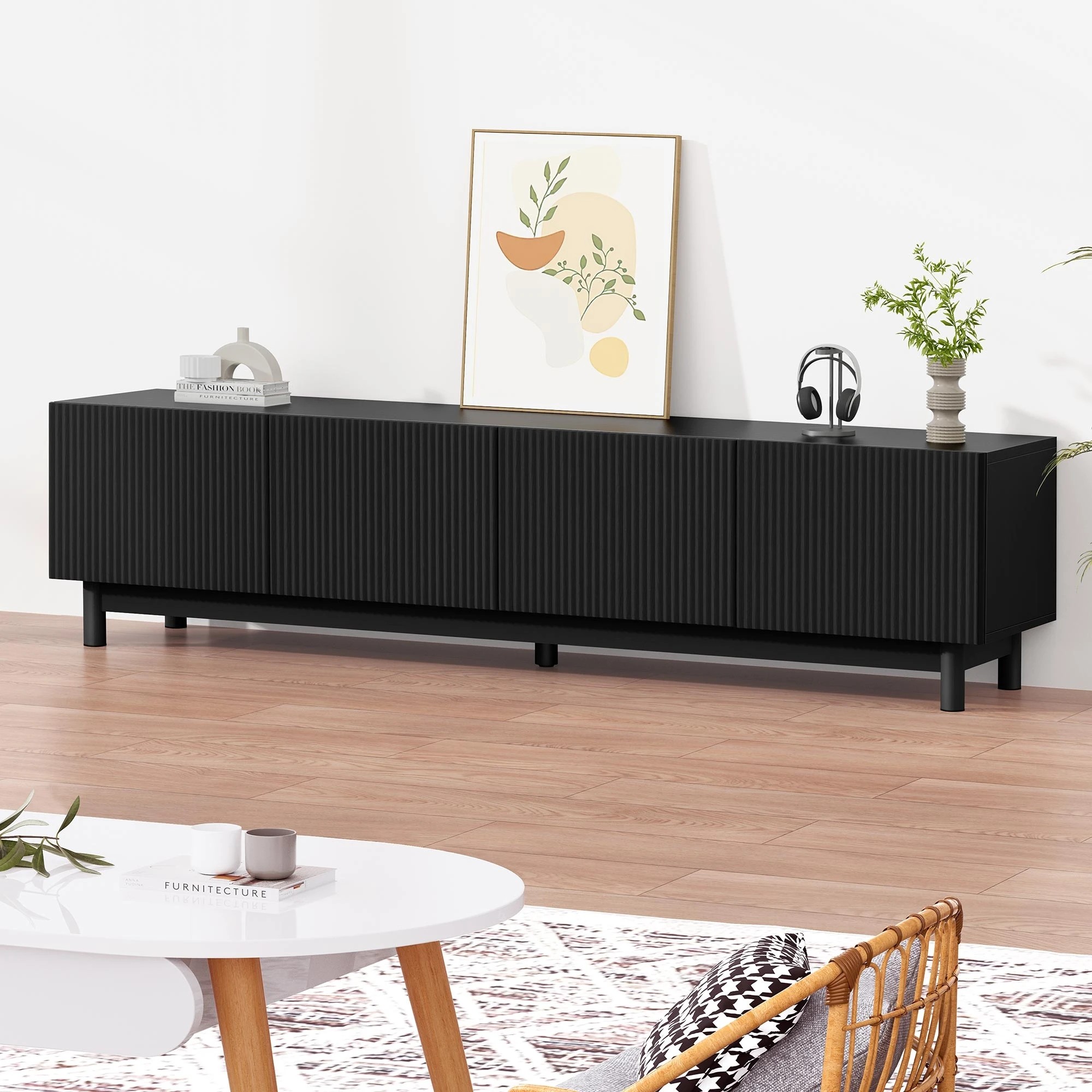 2 Alfordson Entertainment Unit TV Cabinet Stand 180cm Storage Shelves - Black, 2 of 8