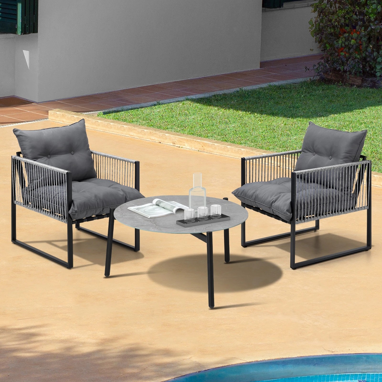 3 Livsip 3PCS Outdoor Patio Set Table Garden Lounge Chairs White 70cm Coffee Table - Multi, 3 of 9
