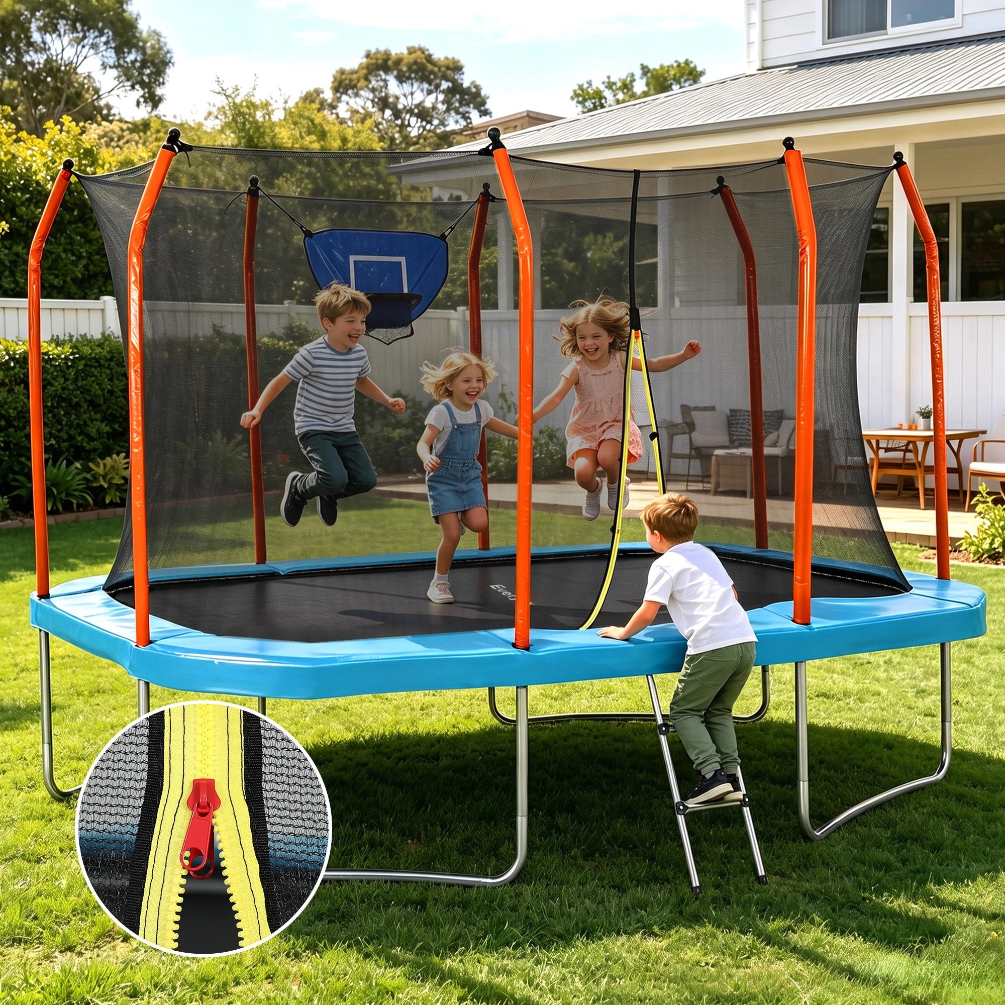6 Everfit 12FT Kids Rectangle Trampoline Rebounder with Basketball Set Enclosure Net Ladder - Blue, 6 of 9