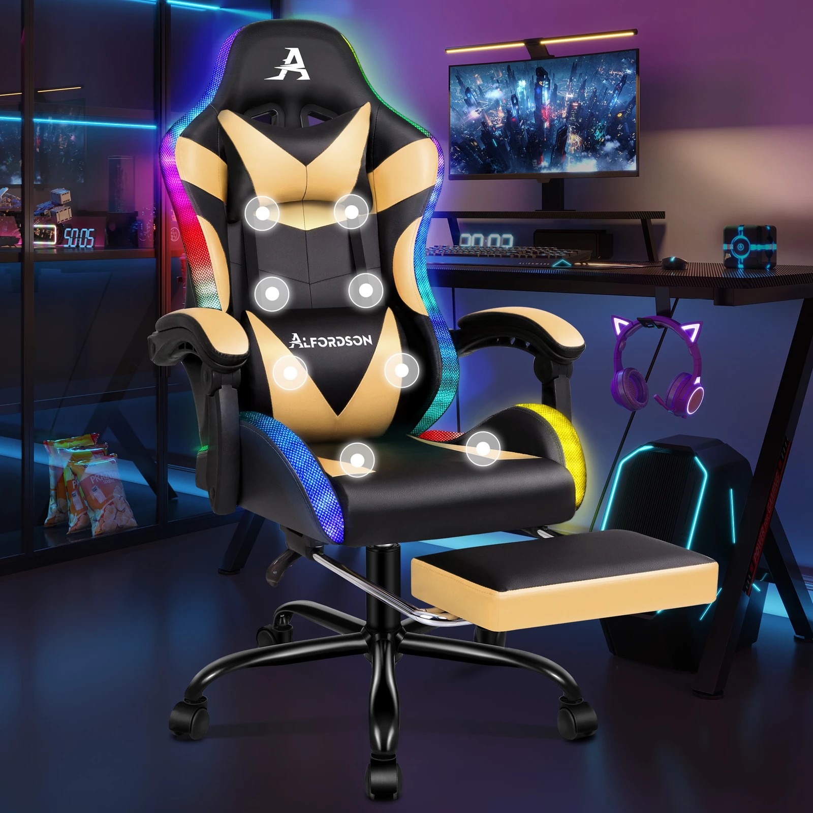 2 Alfordson Gaming Chair Office Massage 12 RGB LED Computer Seat PU Leather - Gold, 2 of 10