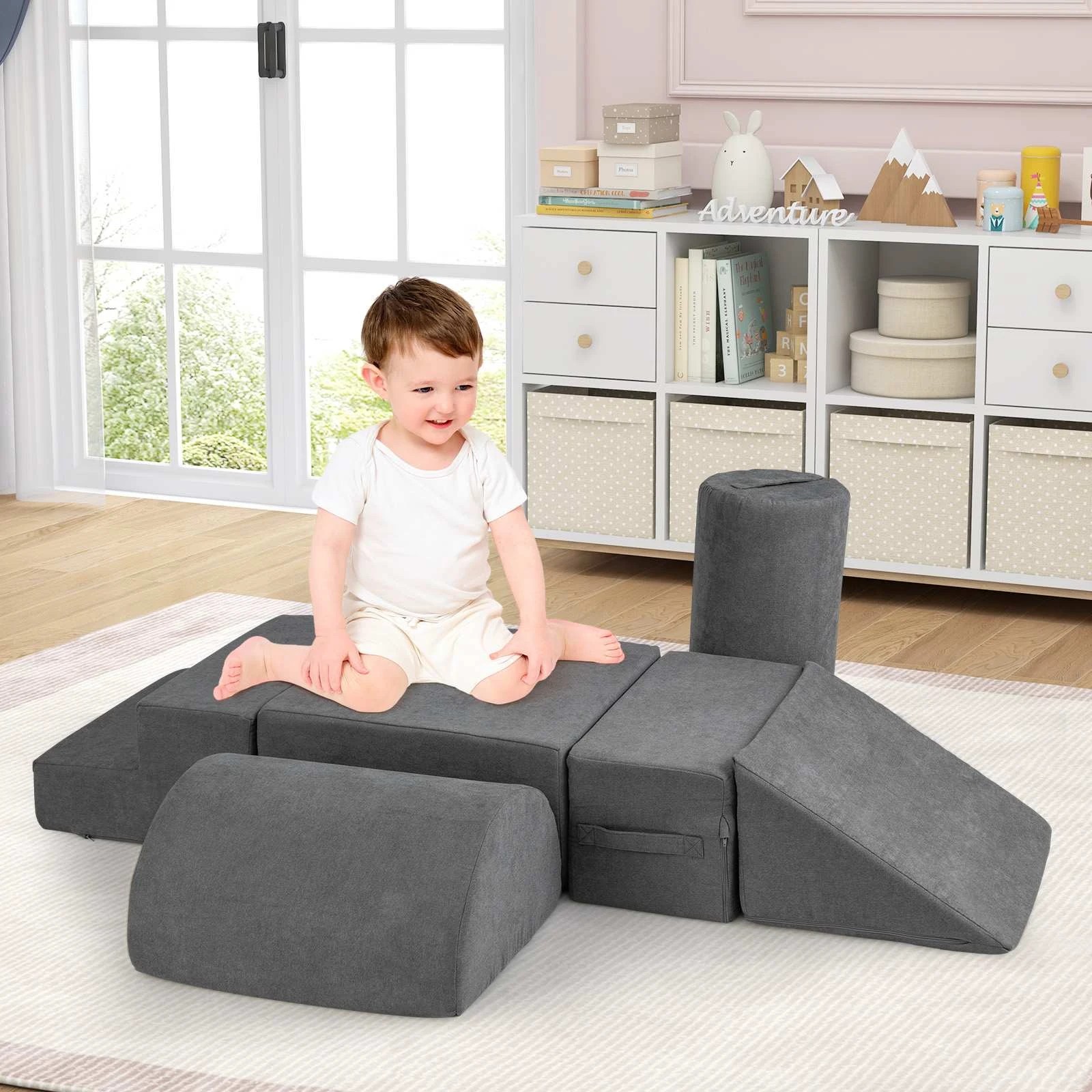 2 Costway 6pcs Soft Foam Blocks Climb Playset Building Block - Grey, 2 of 2