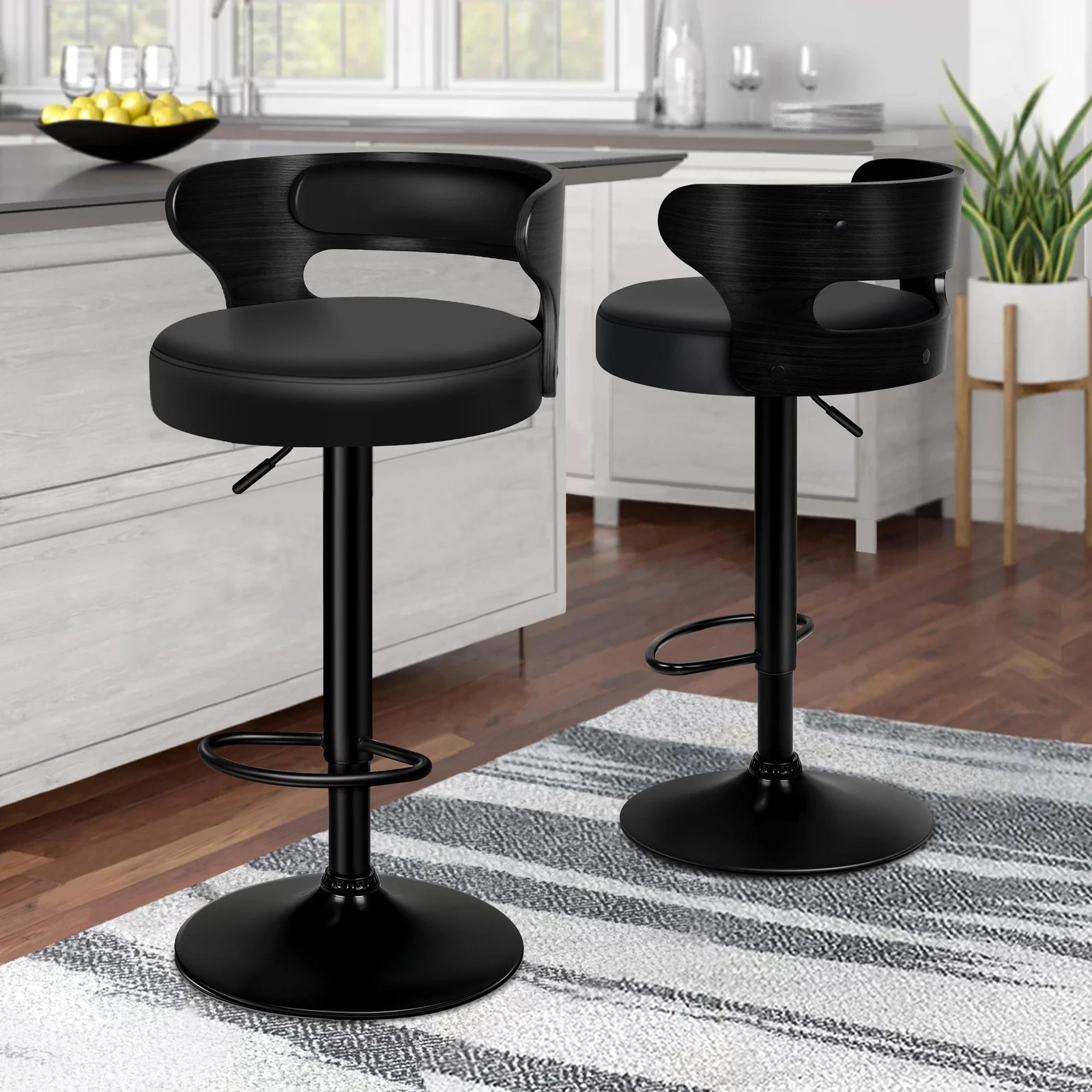 2 Alfordson 2x Bar Stool Kitchen Swivel Chair Wooden Leather Ramiro - Black, 2 of 10