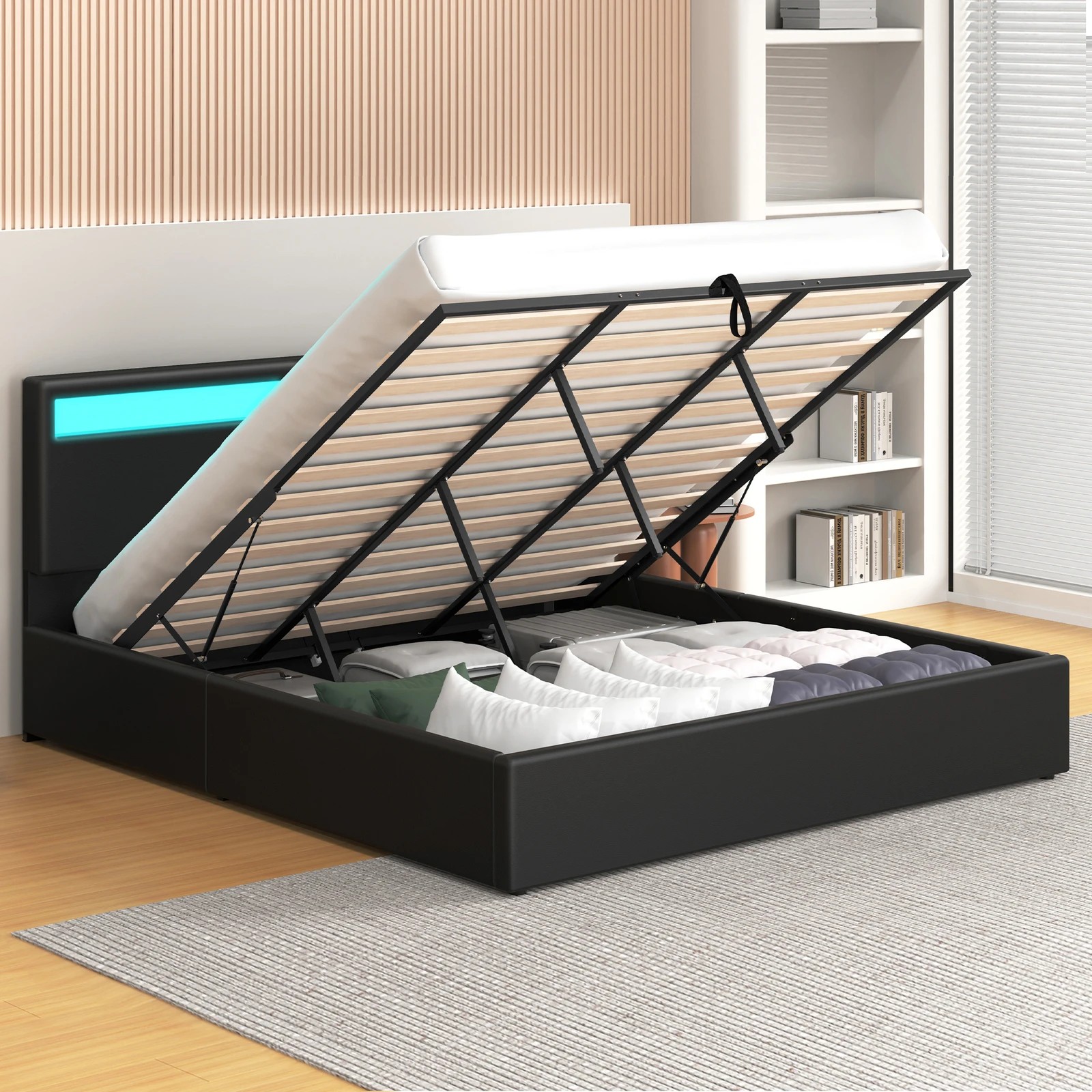 4 Alfordson Bed Frame King Size RGB LED Gas Lift Storage Base Luchino - Black, 4 of 10
