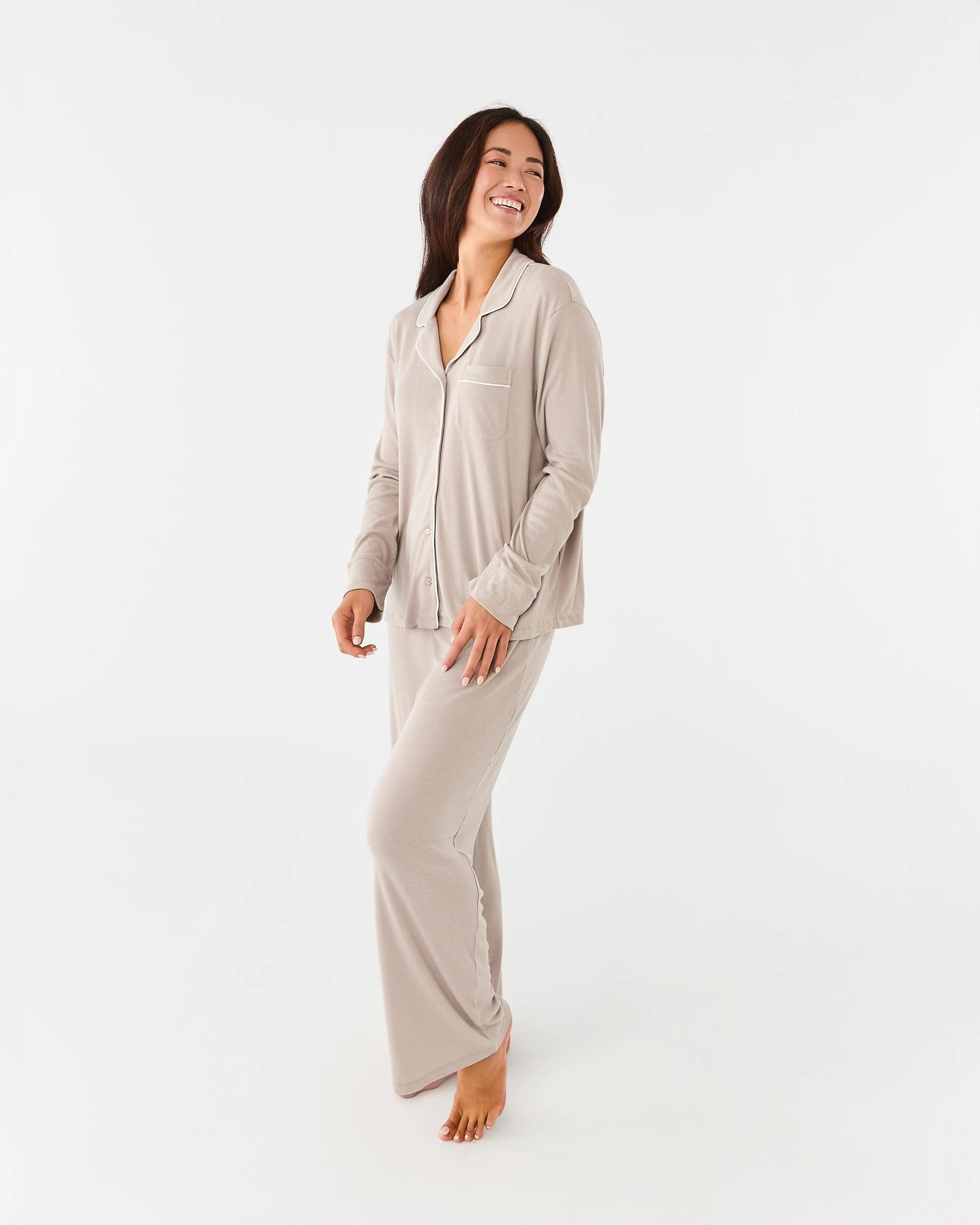2 Long Sleeve Top and Pants Comfort Rib Pyjama Set Grey Taupe, 2 of 7