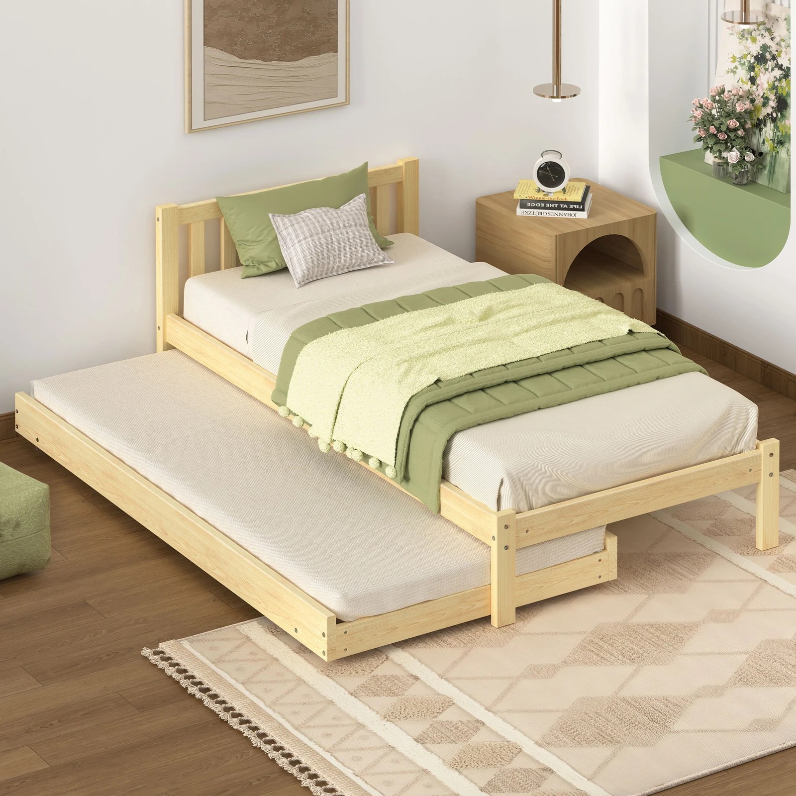 7 Alfordson Bed Frame 2x Single Size Trundle Wooden Mattress Base Timber - Natural, 7 of 10