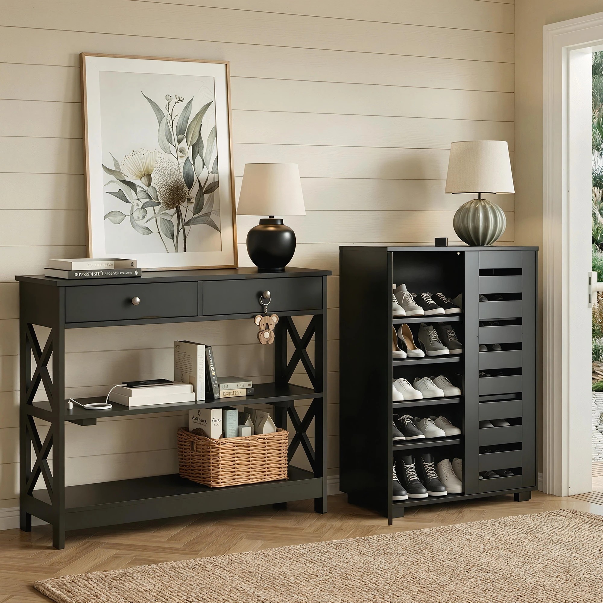 9 Artiss Shoe Rack Cabinet & Console Table Set Storage Shelf - Black, 9 of 9
