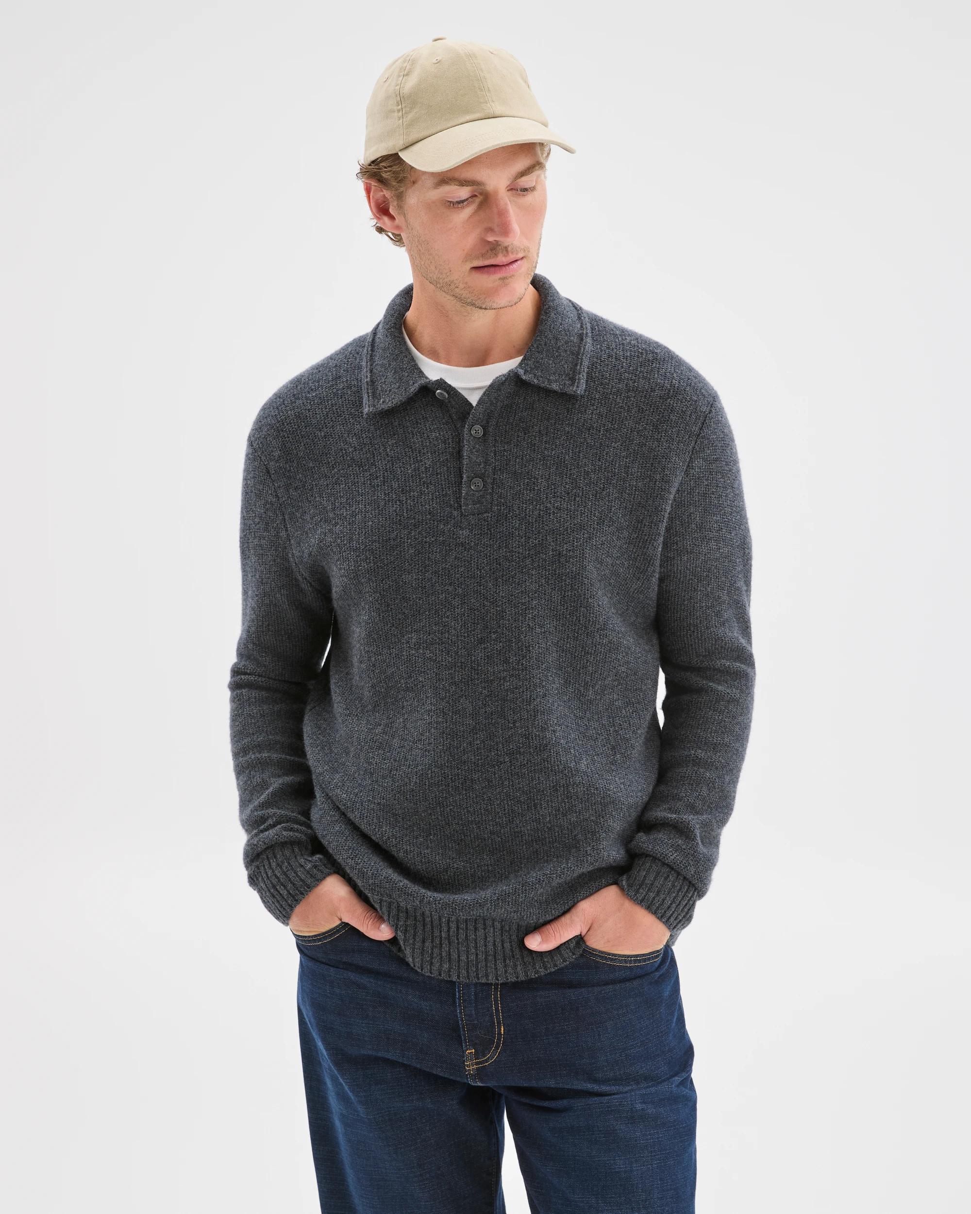 1 Target Man Lambswool Long Sleeve Knit Polo Top CHARCOAL, 1 of 7