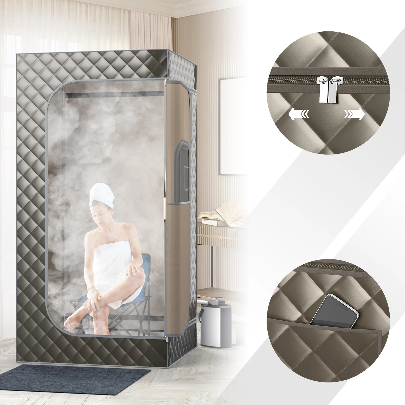 5 Costway Foldable Pop-Up Steam Sauna Tent Remote Control Sauna Tent w/3L Steamer/Foot Massager - Grey, 5 of 6
