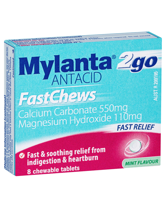 8 Pack Mylanta 2Go Antacid FastChews Tablets Mint