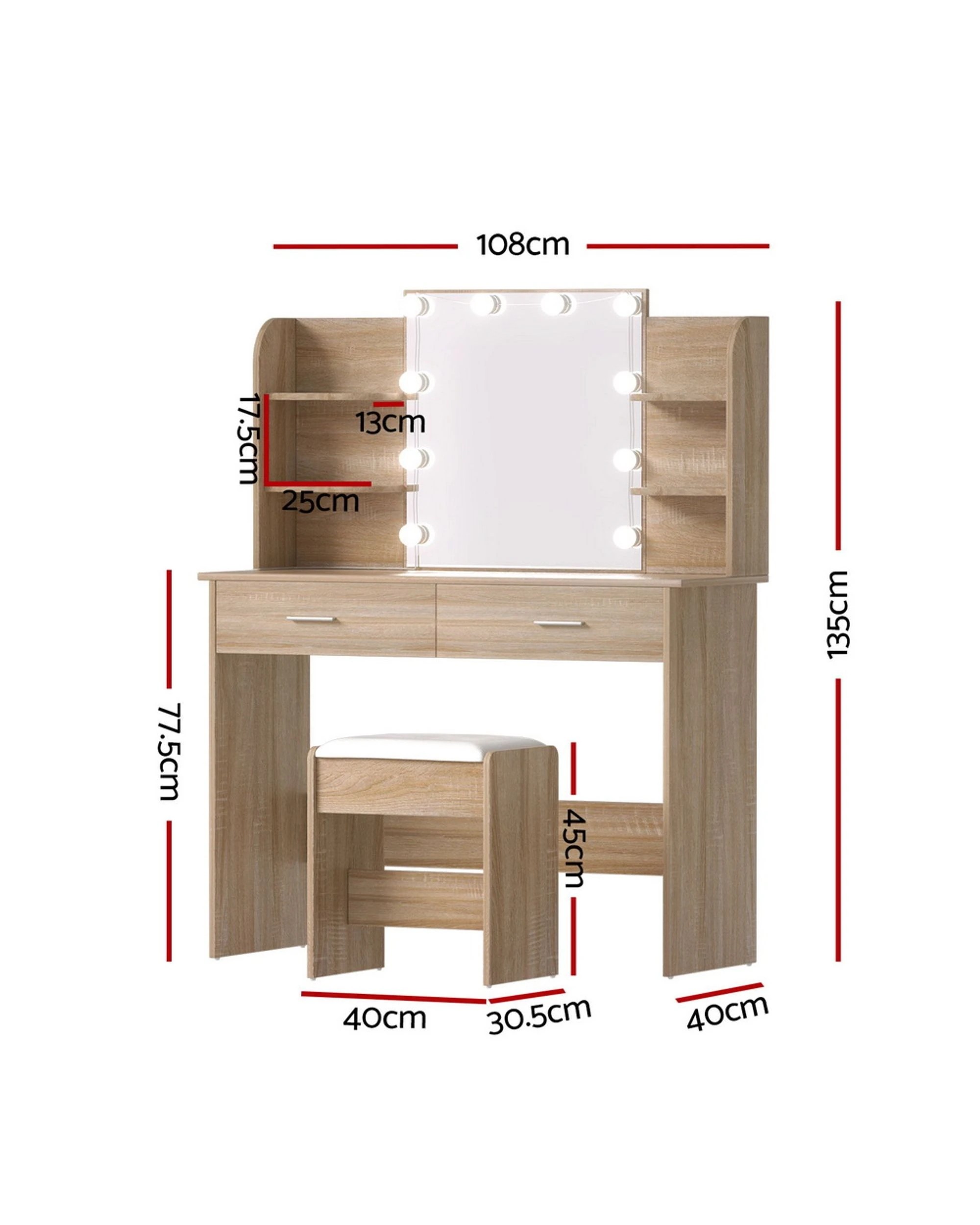 2 Artiss Dressing Table Set Stool 10 Led Bulbs Wood - Natural, 2 of 8