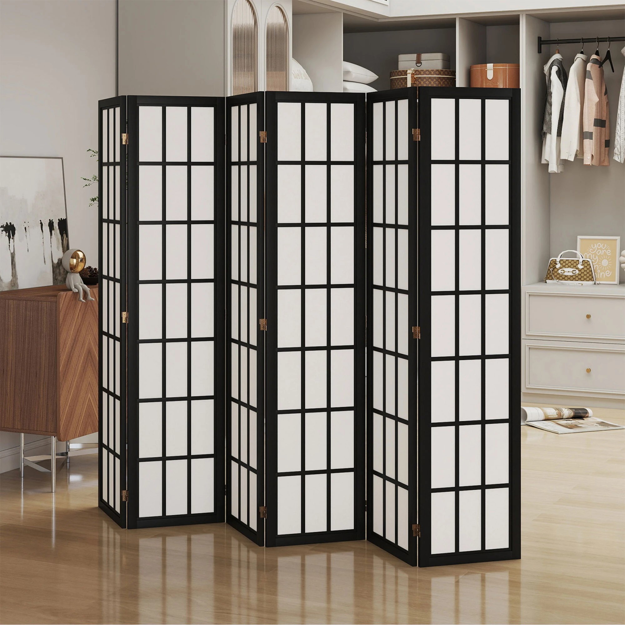 8 Levede 6 Panel Room Divider Folding Partition Freestanding Screen Wooden - Black, 8 of 9