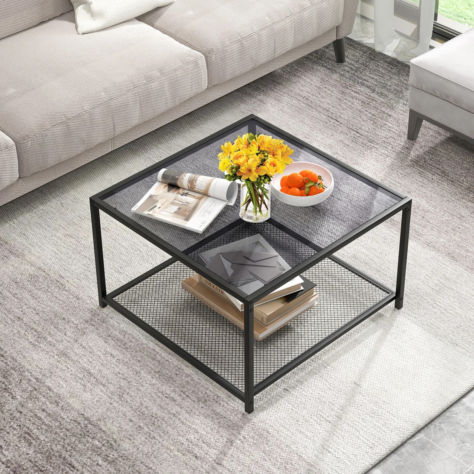 3 Costway 2-Tier Coffee Table Square Side Table Glass Tabletop w/Mesh Shelf, 3 of 4