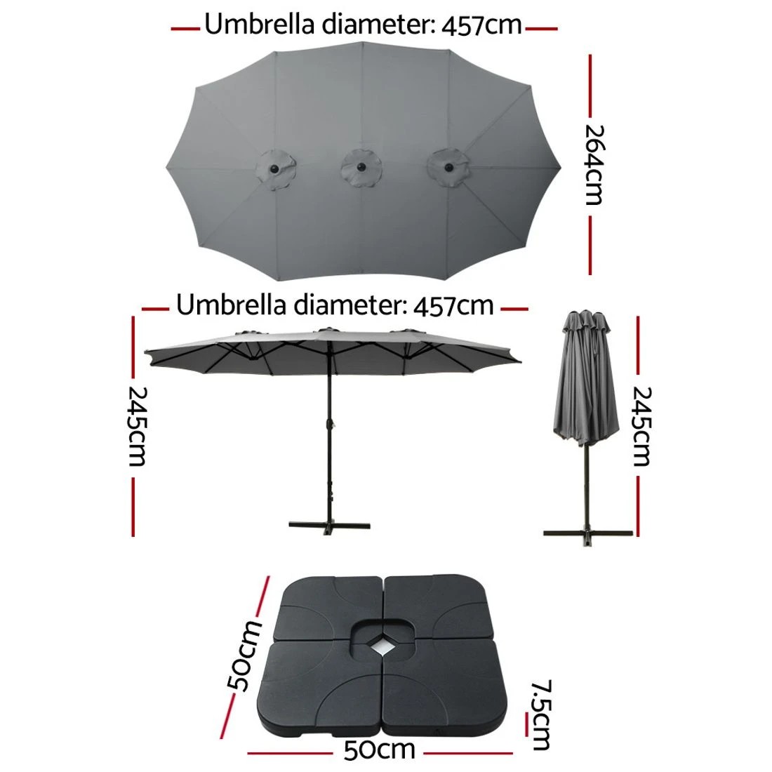 2 Instahut 4.57m Outdoor Umbrella w/Base Stand Beach Pole Garden Tilt - Grey, 2 of 5
