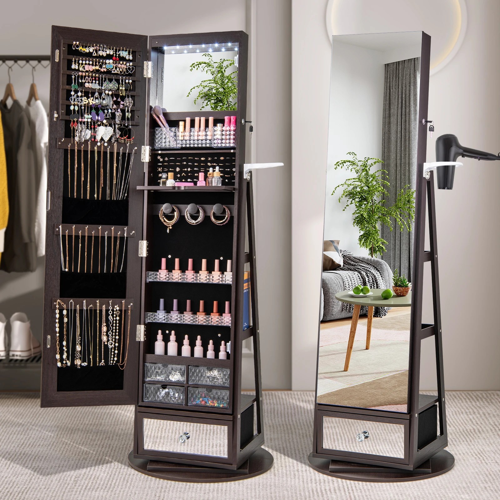 2 Costway Rotatable Jewellery Storage Armoire Lighted Mirror Cabinet Makeup Jewelry Organizer - Brown, 2 of 5