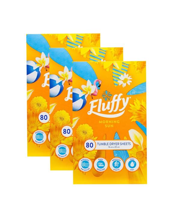 Fluffy 3x 80pc Morning Sun Tumble Dryer Sheets Fabric Softener 16x20cm - Yellow