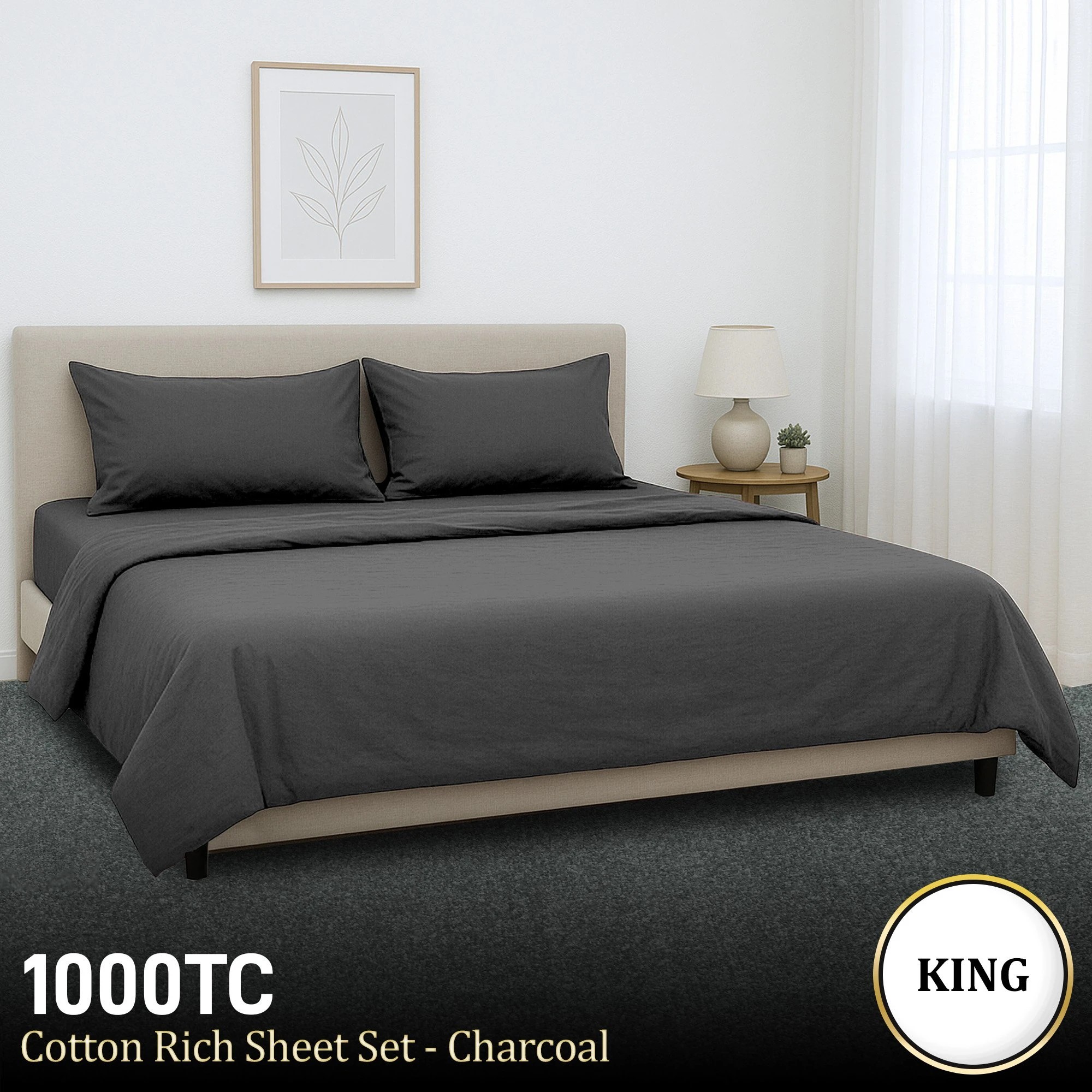 10 4pc 1000 Thread Count Cotton Rich Sheet Gift Pack Cvc Microfibre Blend In Charcoal
 - King Bed, 10 of 10