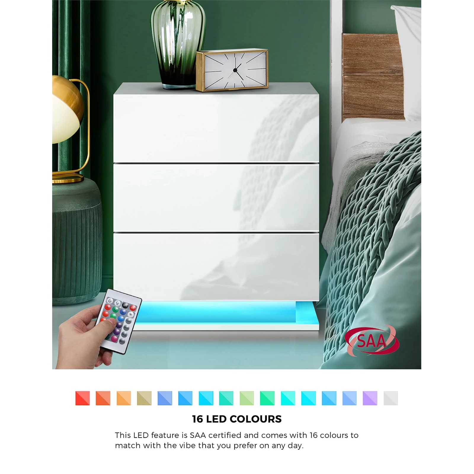 3 Oikiture Bedside Table Rgb Led Nightstand Cabinet 3 Drawers
 - White, 3 of 10