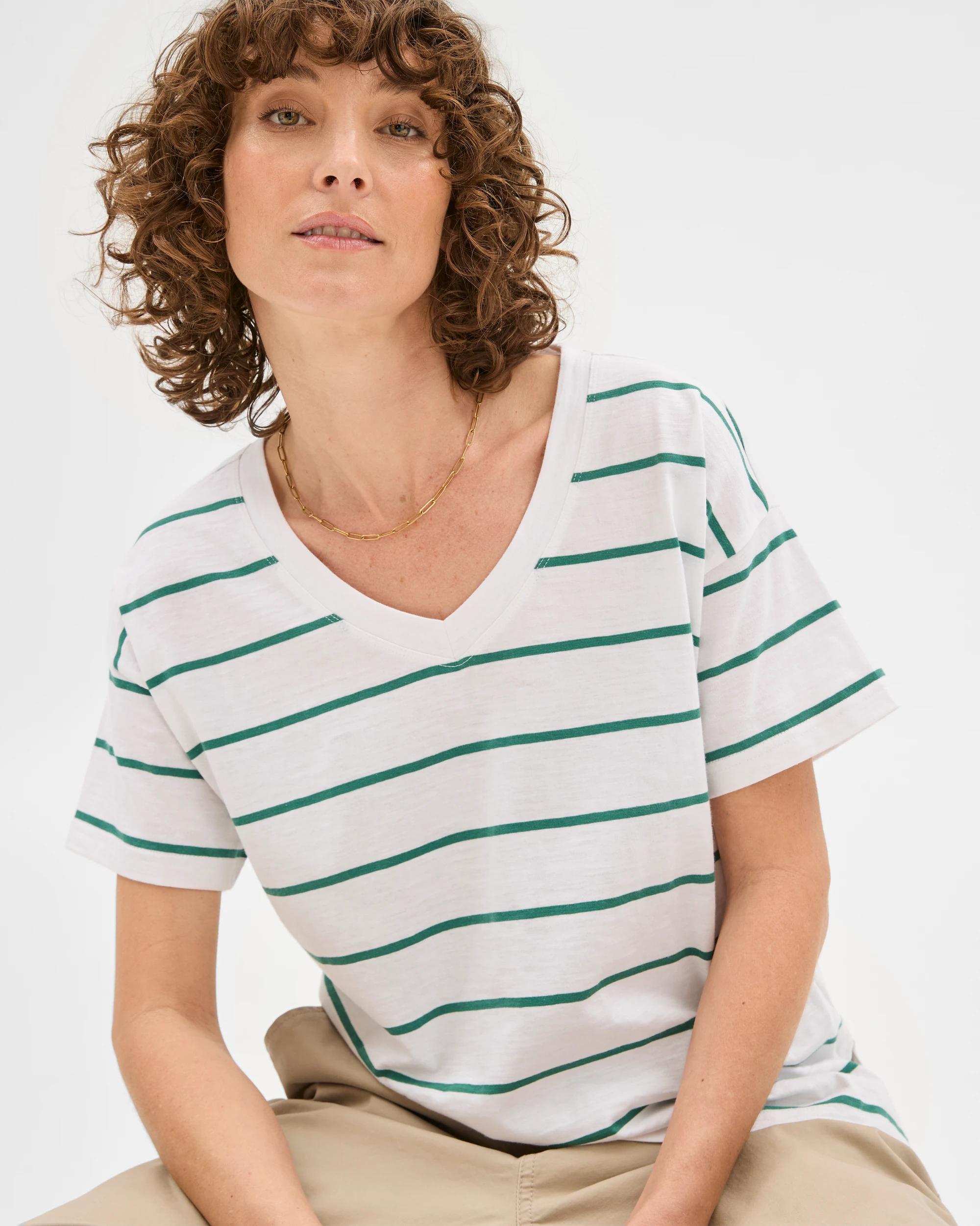 2 Target Australian Cotton Relaxed Slub V-Neck T-Shirt White/lush Green Stripe, 2 of 6