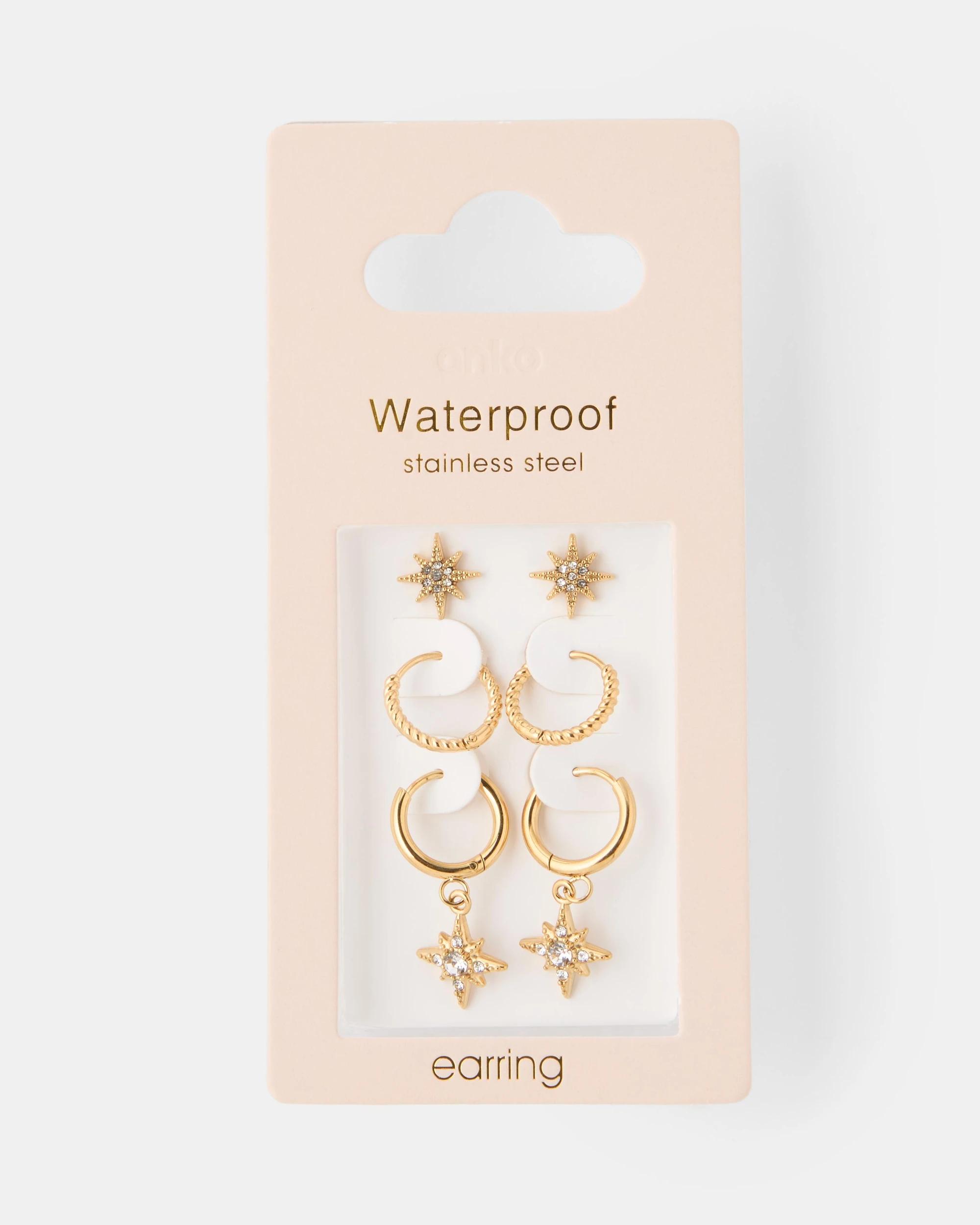3 3 Pack Waterproof Stainless Steel Star Earrings - Gold Tone Gold, 3 of 3