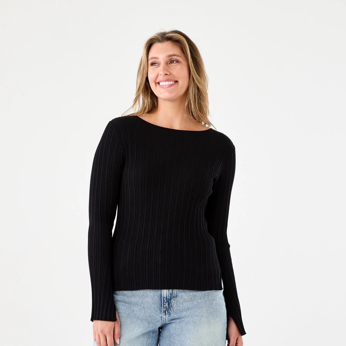 1 Long Sleeve Rib Boat Neck Top BLACK, 1 of 7