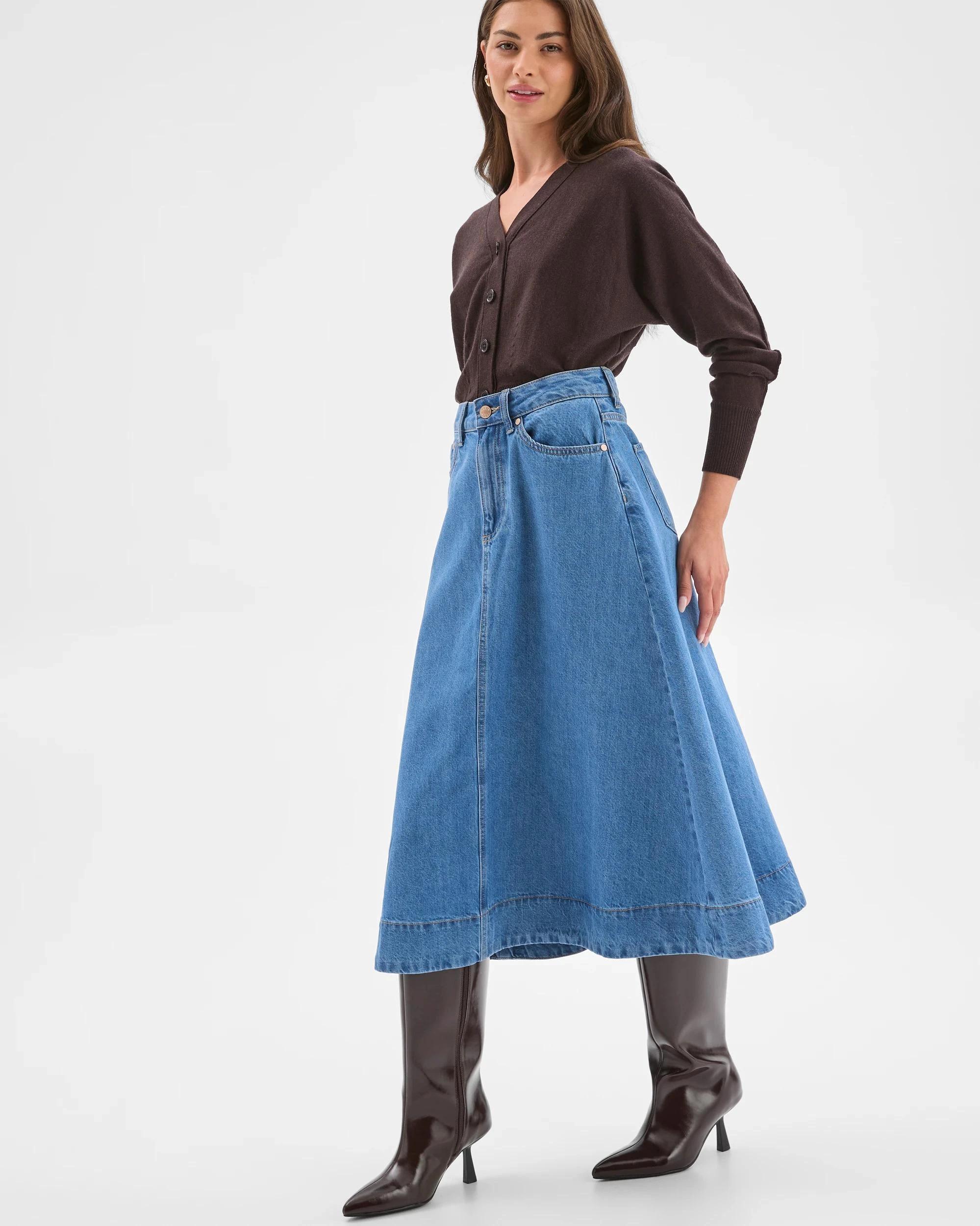 1 Target Petites Petites A-Line Midi Denim Skirt MID WASH, 1 of 8