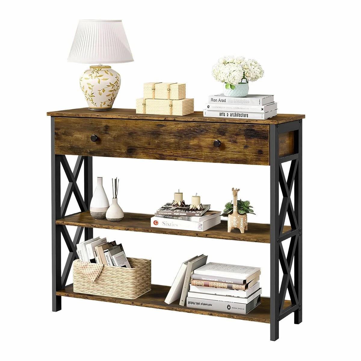 1 LUXSUITE Industrial Console Table with Drawer Hall Entryway, 1 of 8