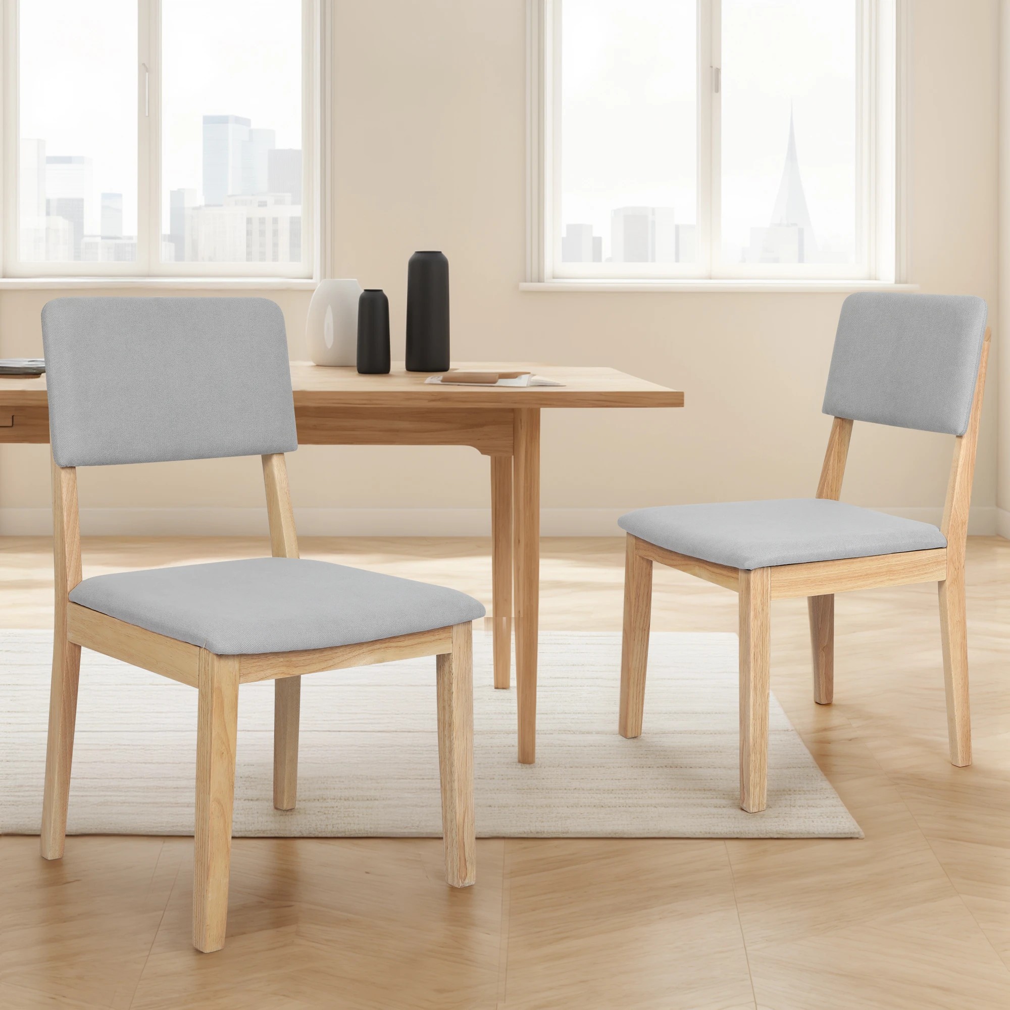 4 Levede Set Of 2 Wood Linen Padded Dining Chairs, 4 of 4