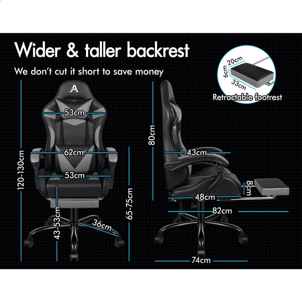 8 Alfordson Gaming Chair Office Massage 12 RGB LED Computer Seat PU Leather - Grey, 8 of 10