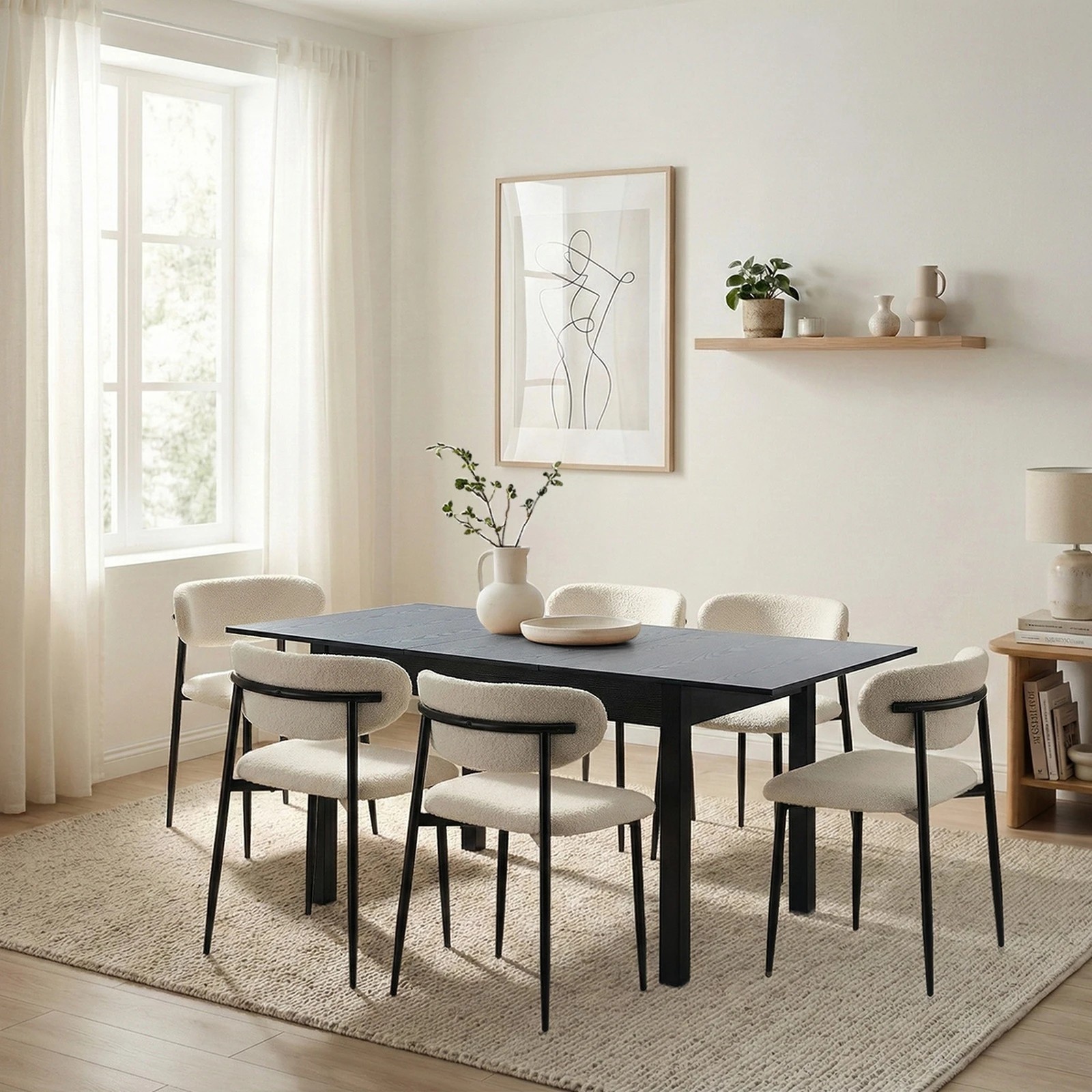 4 Oikiture 7pc Extenable Dining Table and Chairs Wooden Dining Set Boucle - Black, 4 of 10