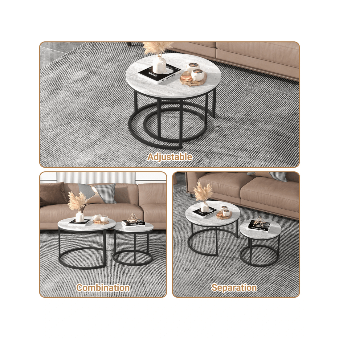 5 Advwin Nesting Coffee Table Marble Finish 70 & 50cm Round Grey, 5 of 8