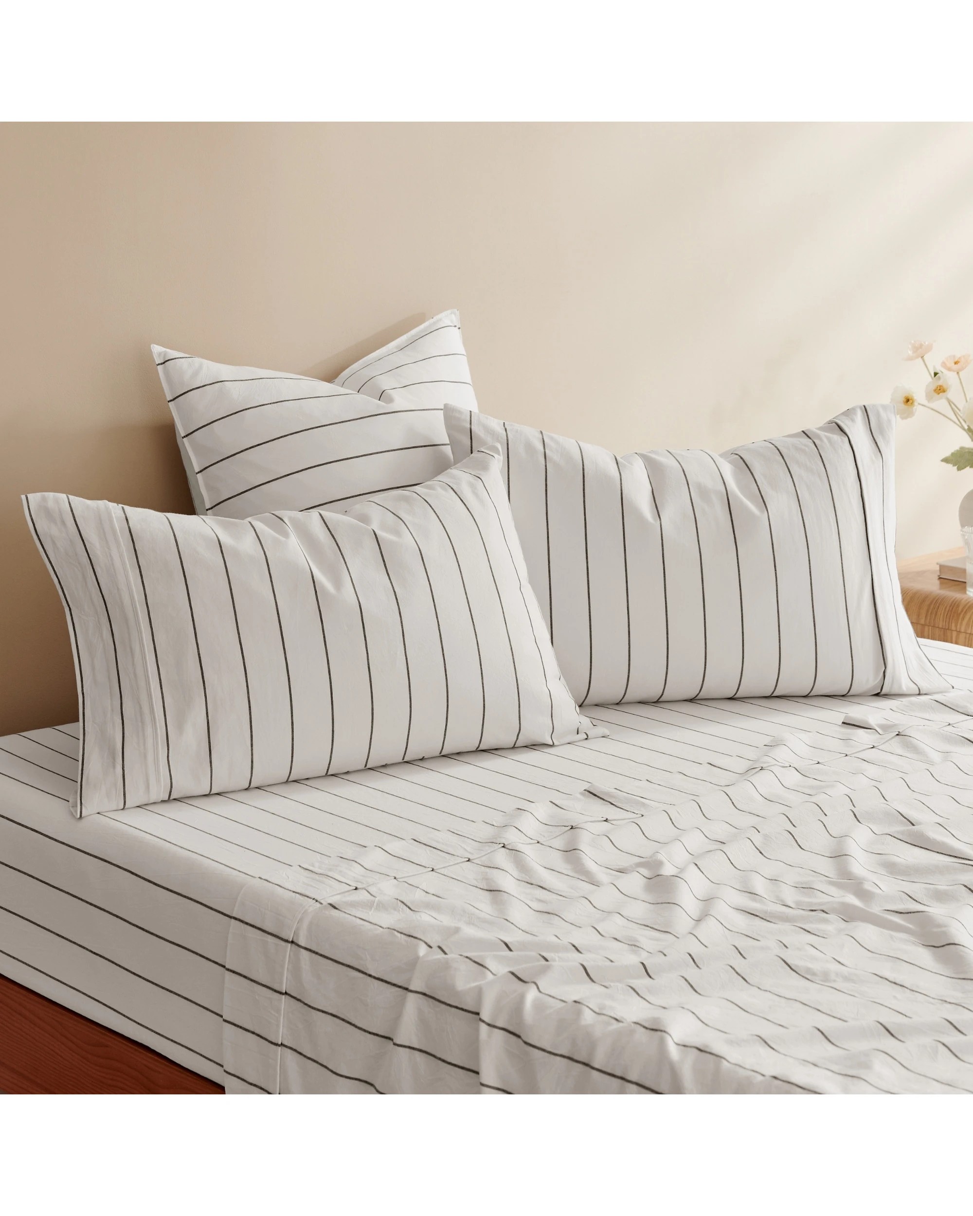 3 Dreamaker Rumi Stripe Washed Cotton Sheet Set - King Single Bed - White with Graphite, 3 of 7