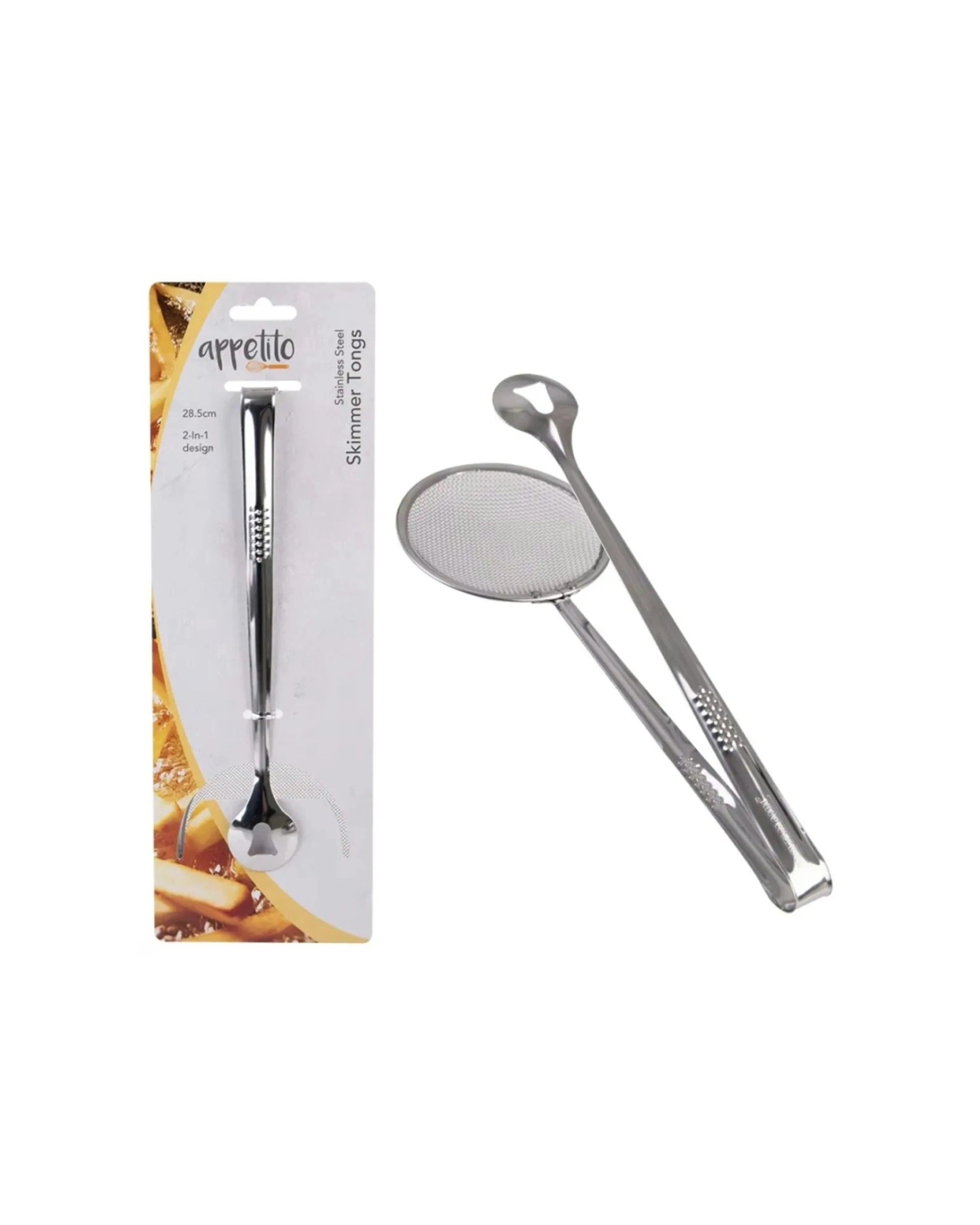 1 Appetito Stainless Steel Skimmer Tongs 28.5cm Built-In Strainer Long Handle - Silver, 1 of 1