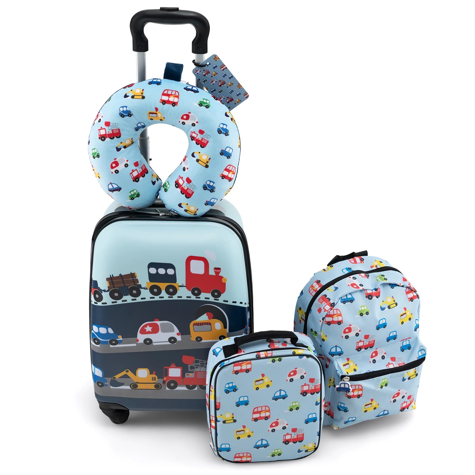 1 Costway 5PCS Carry-on Luggage Set Rolling Suitcase Set w/Neck Pillow - Blue, 1 of 2