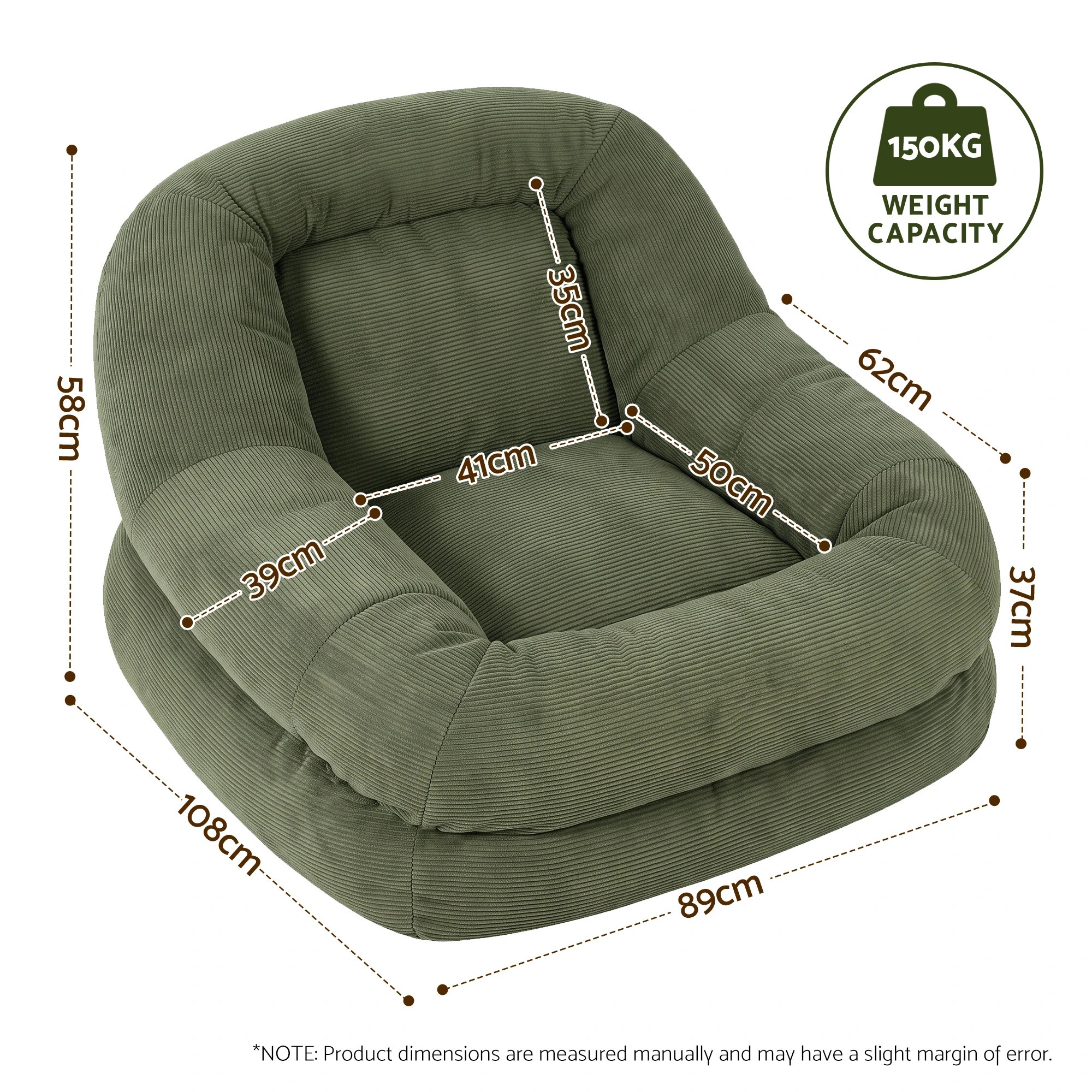 3 Artiss Armchair Floor Lounge Lazy Sofa, Compressed Corduroy Chaise Chair Green - Green, 3 of 8