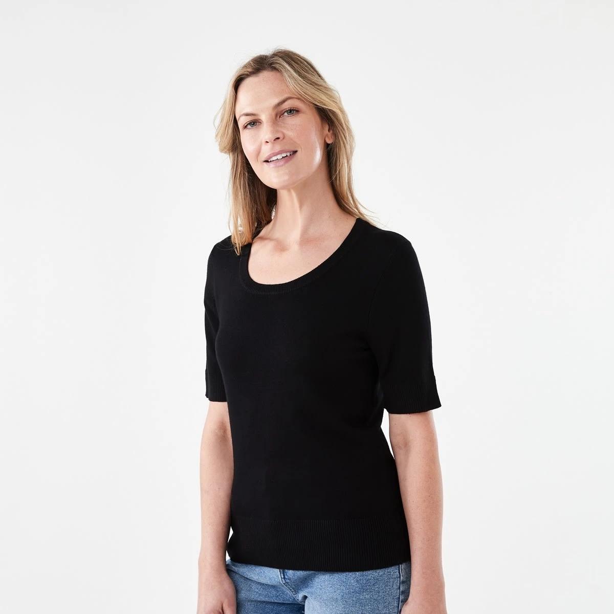 2 Short Elbow Sleeve Scoop Neck Top Black, 2 of 6