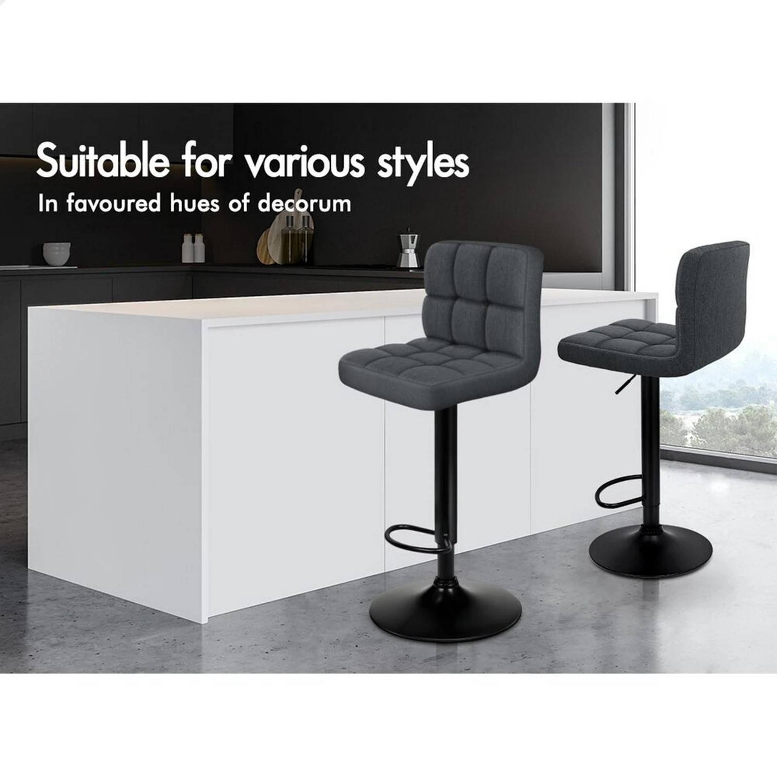 10 Alfordson 4x Bar Stools Ralph Kitchen Swivel Chair Fabric Gas Lift - Grey, 10 of 10