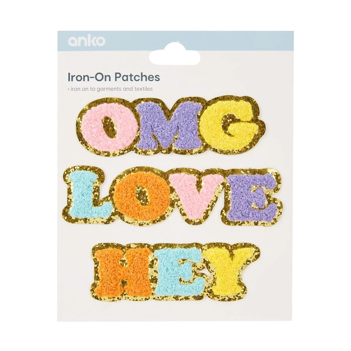 1 3 Piece Iron-On Patches - OMG, LOVE and HEY, 1 of 3