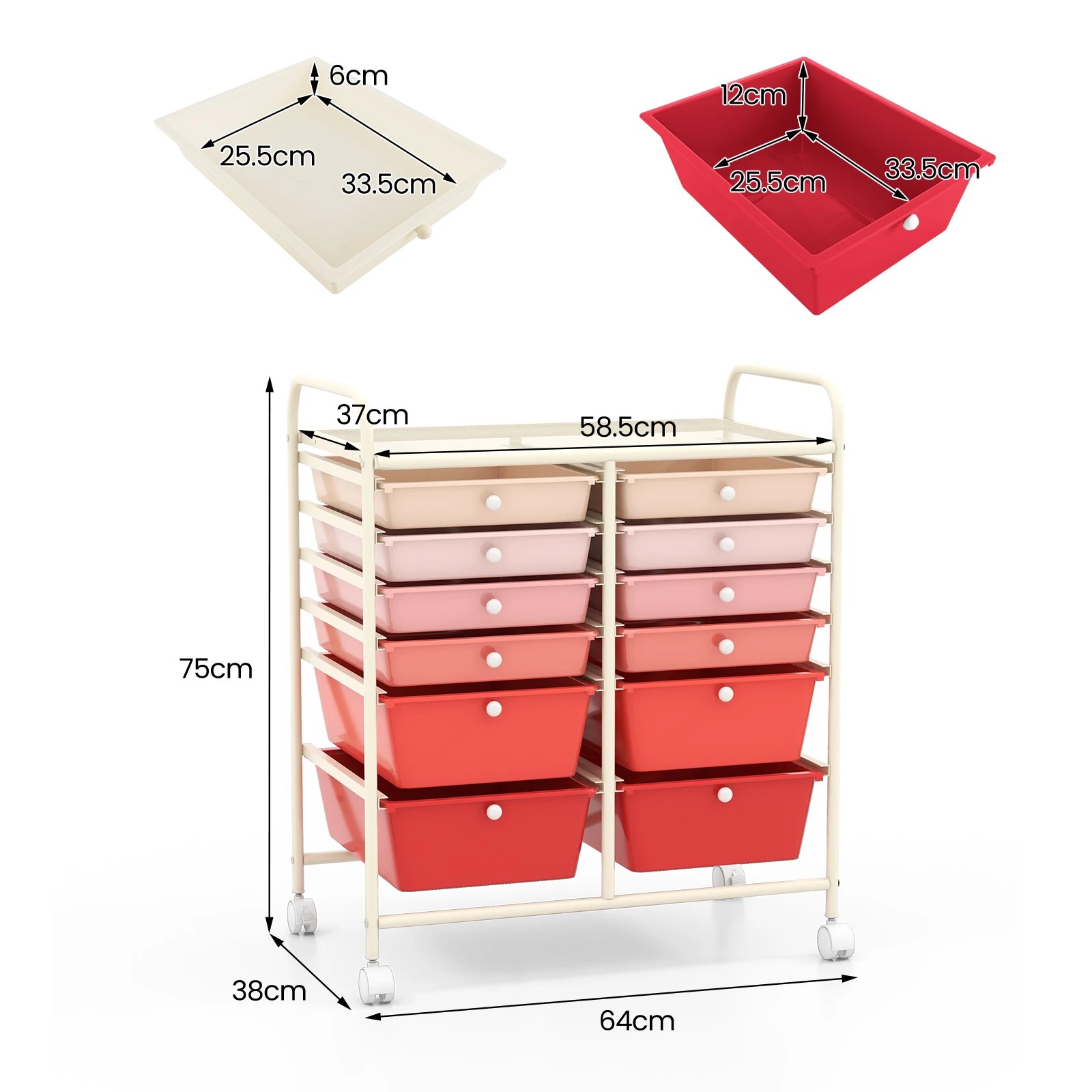2 Costway 12 Drawers Rolling Storage Trolley Cart Filing Organizer - Pink, 2 of 5