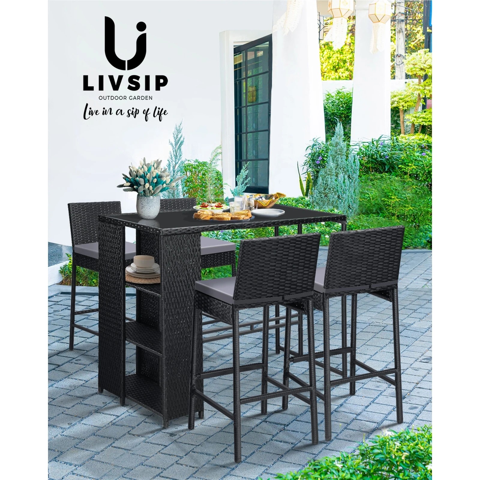 2 Livsip Rattan Outdoor Bar Table Furniture Cafe Table Patio Setting Dinning Table - Black, 2 of 3