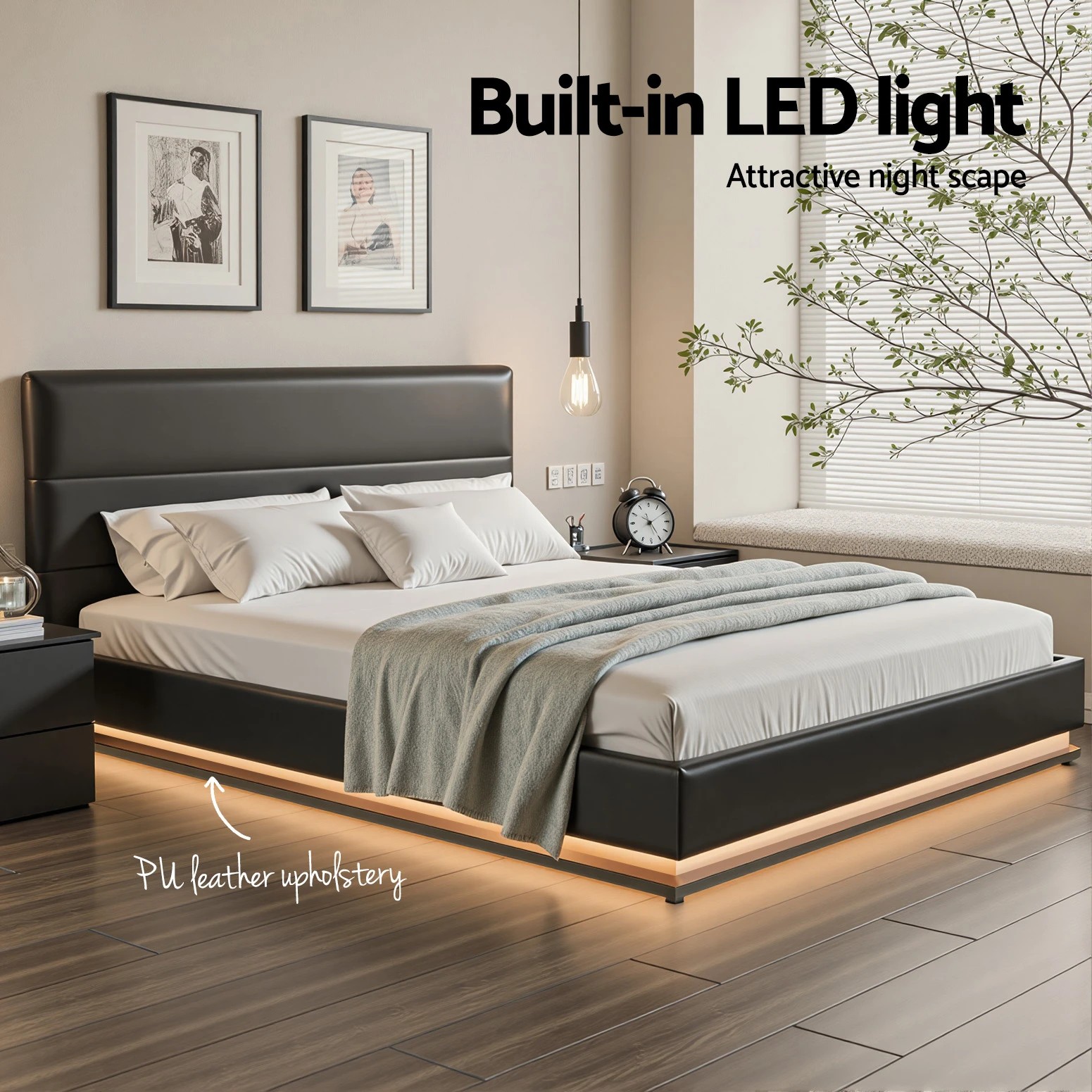 6 Artiss Bed Frame Queen Size LED Gas Lift  LUMI - Black, 6 of 7